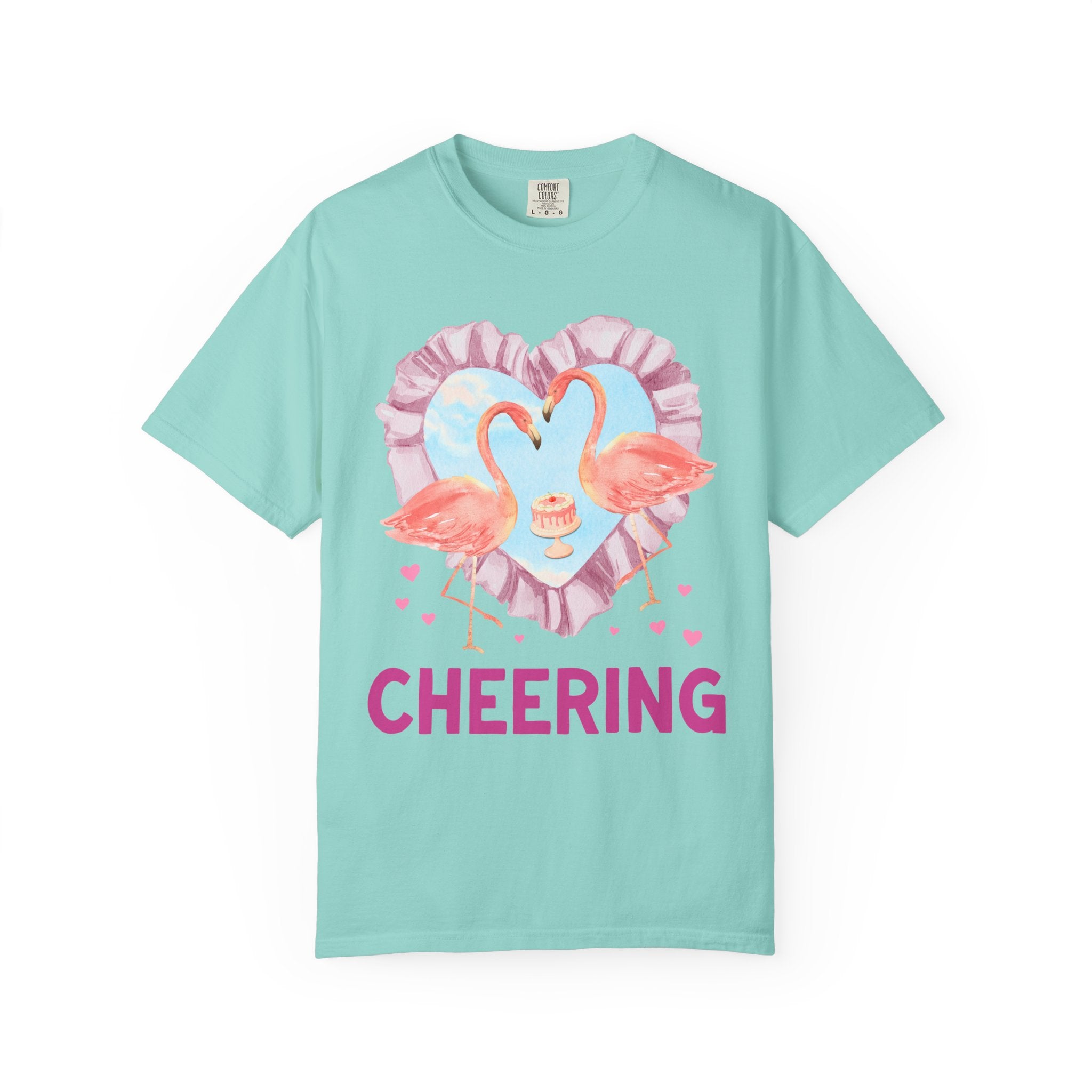 Kitschy Wedding Bachelorette Party Tee Shirt, Ruffle Heart and Flamingoes: Silly 90s Aesthetic Animal Lover Tee, Bridal Party, Bridesmaids