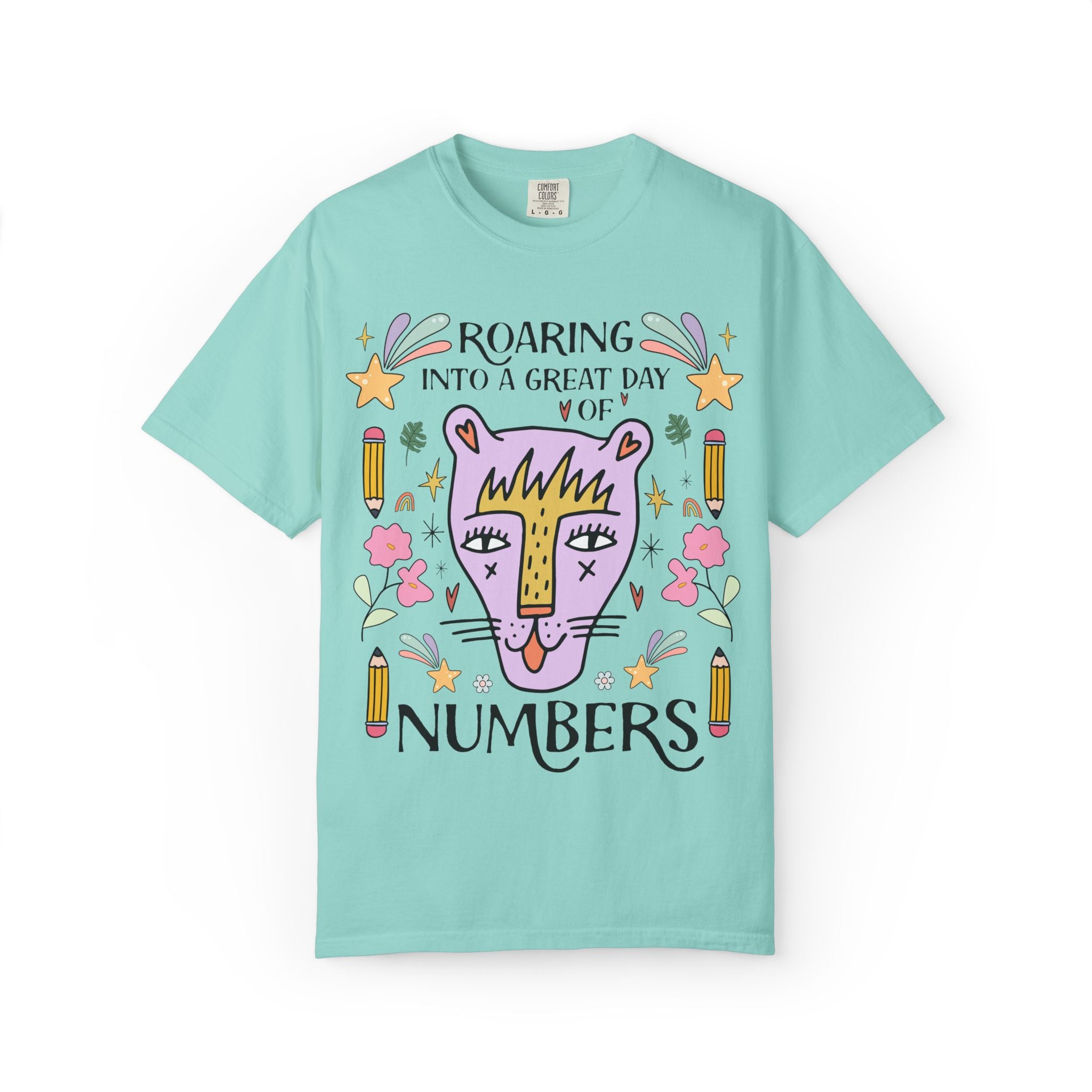 High School Math Tee Shirt: Roaring Into a Great Day of Reading | Cute Eclectic Matching Teacher Math Department T-Shirt for Animal Lover
