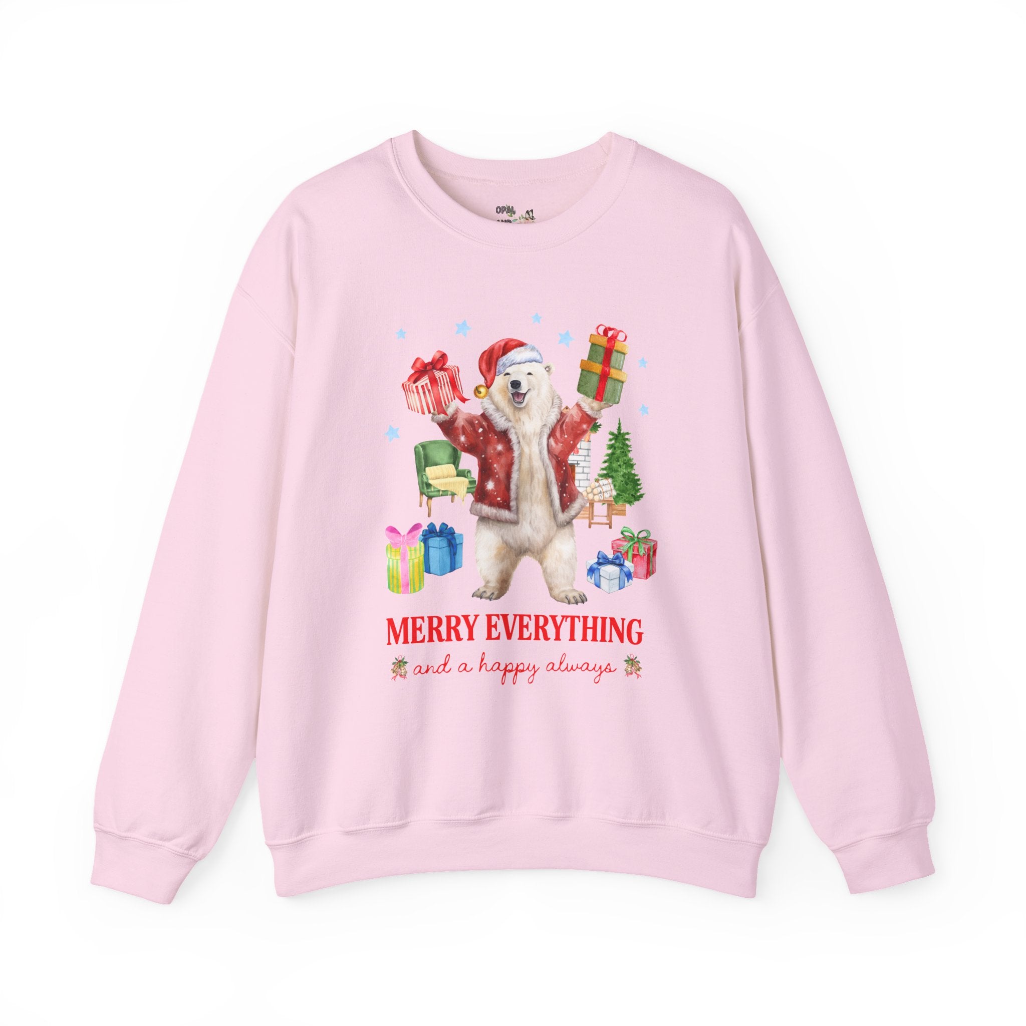 Kitschy Animal Lover Christmas Sweatshirt with Polar Bear Holding Presents: Merry Everything and a Happy Always, Silly Maximalist Xmas Crewneck