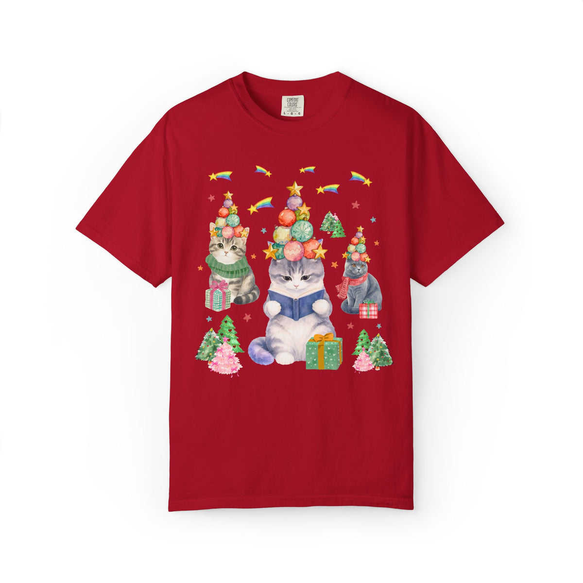Bookish Cat Christmas Tee Shirt with Shooting Rainbow Stars, Funny Dreamcore Kitten 90s Aesthetic T-Shirt for Cat Mom or Cat Dad, Animal Lover Tee