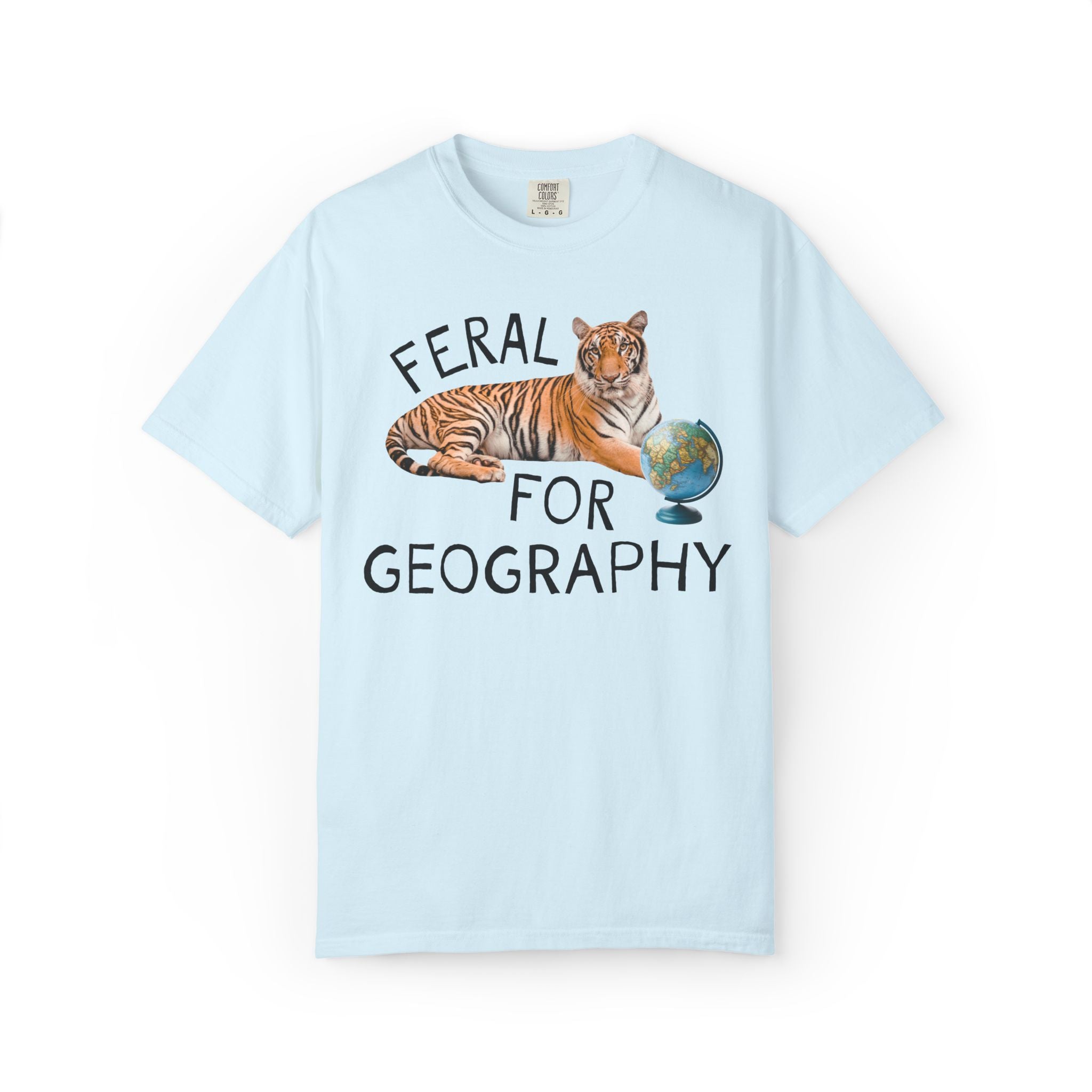 Geography Lover Tee for Middle School Teacher: Feral for Geography, Silly Animal Lover T-Shirt with Tiger Holding Books, Matching Teacher T