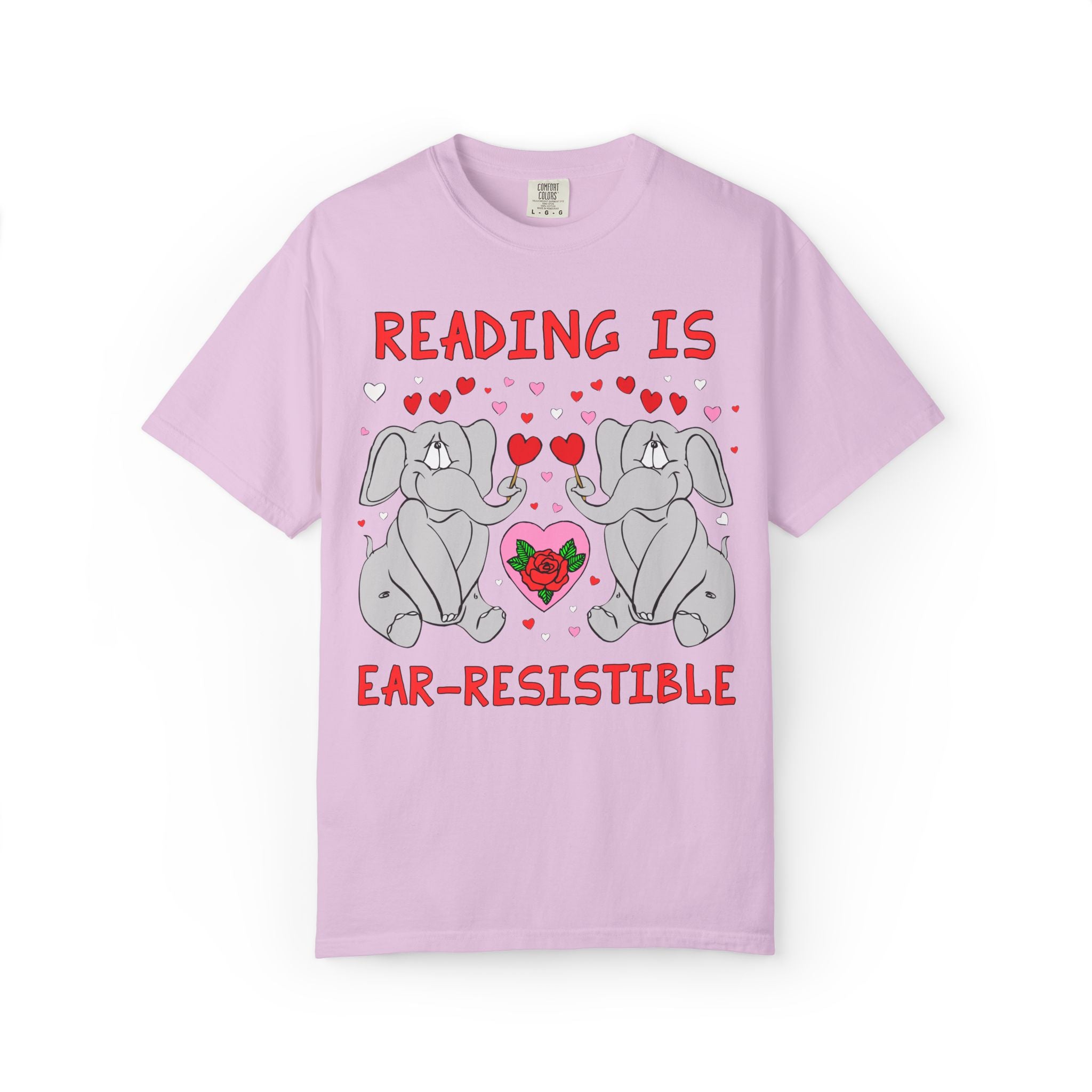 Reading is Ear-Resistible! Valentine's Day Teacher Tee: Funny Animal Lover T-Shirt with Elephant and Hearts, Cute Matching Teacher Tee