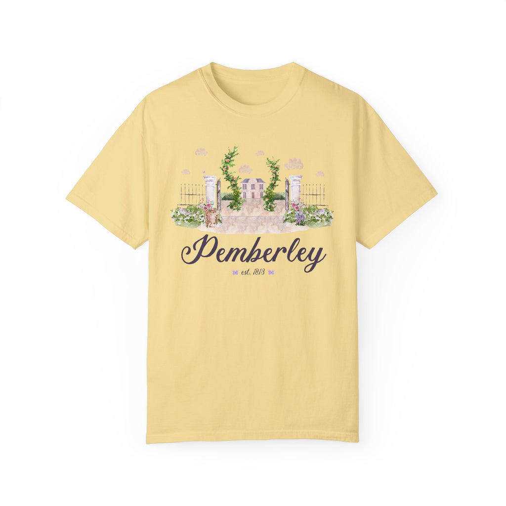 Jane Austen Pride and Prejudice T-Shirt: Pemberley 1813, Cute Classic Literature Book Merch for Her, French Country Aesthetic Bookish Tee in Yellow