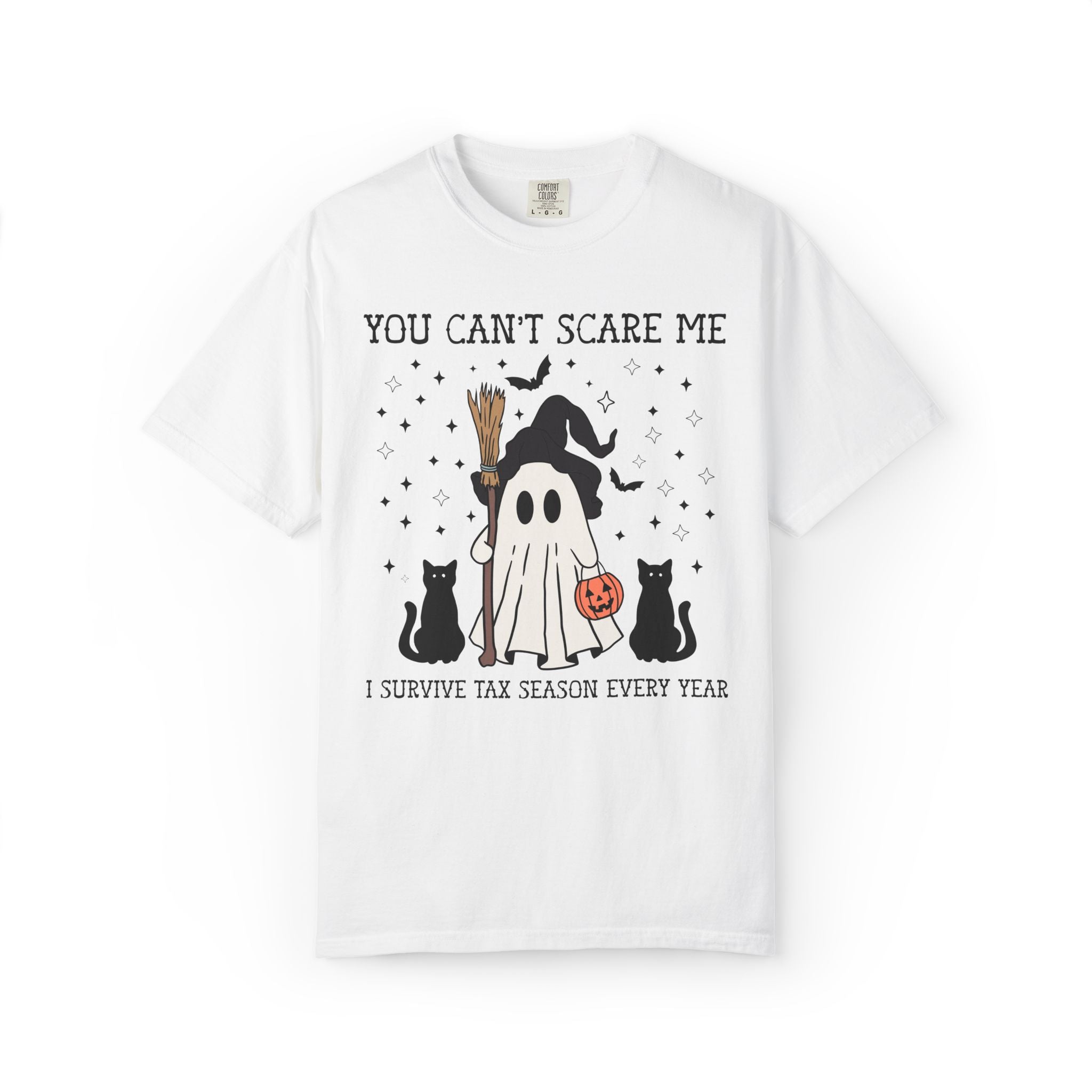 Accountant Halloween Tee Shirt for Spooky Season with Ghost and Black Cats: You Can't Scare Me, I Survive Tax Season Every Year