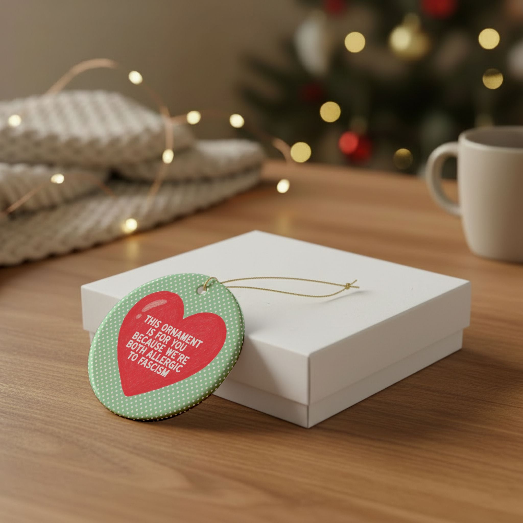 Democratic Socialist Gift for Feminist: Funny Saying Holiday Ornament with Heart, Both Allergic to Fascism Lefist Xmas Ornament