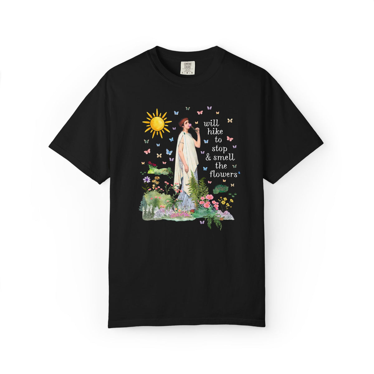 Hiking Art History Tee Shirt: Will Hike to Stop and Smell the Flowers, Funny Goblincore Hikinng Lover T-Shirt for Nature Lover or Gardener