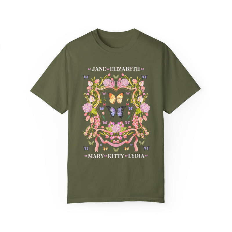 Colorful Pride and Prejudice Shirt with Butterflies, Whimsigoth Jane Austen Tee for English Literature Majors in Olive Green, Bennet Sisters Apparel for Book Lovers, Book Merch