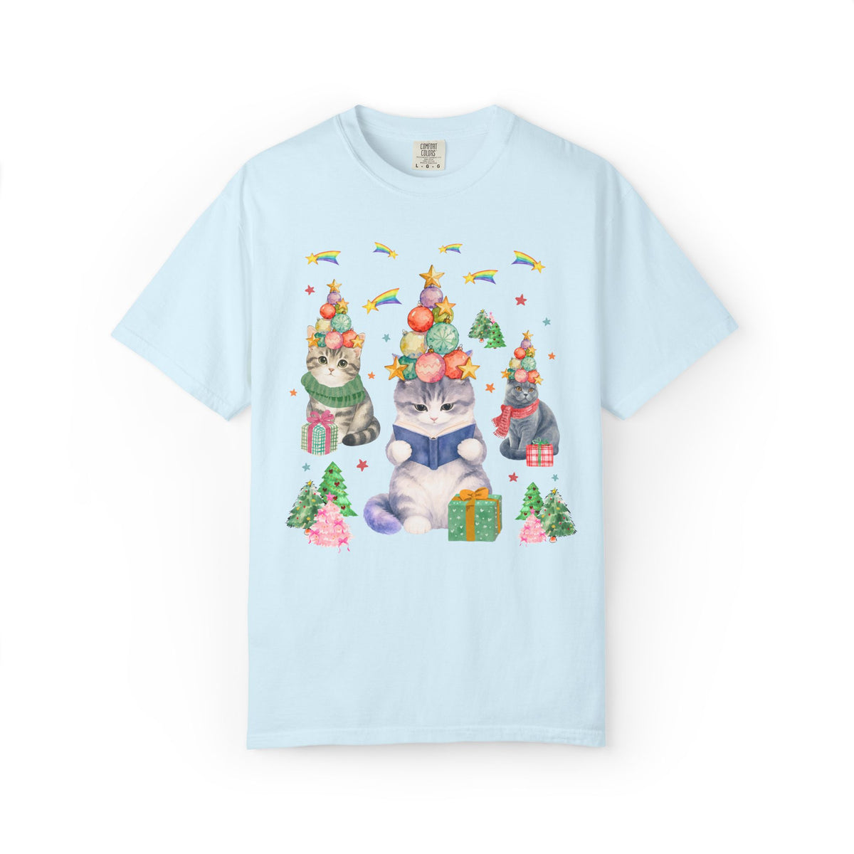 Bookish Cat Christmas Tee Shirt with Shooting Rainbow Stars, Funny Dreamcore Kitten 90s Aesthetic T-Shirt for Cat Mom or Cat Dad, Animal Lover Tee