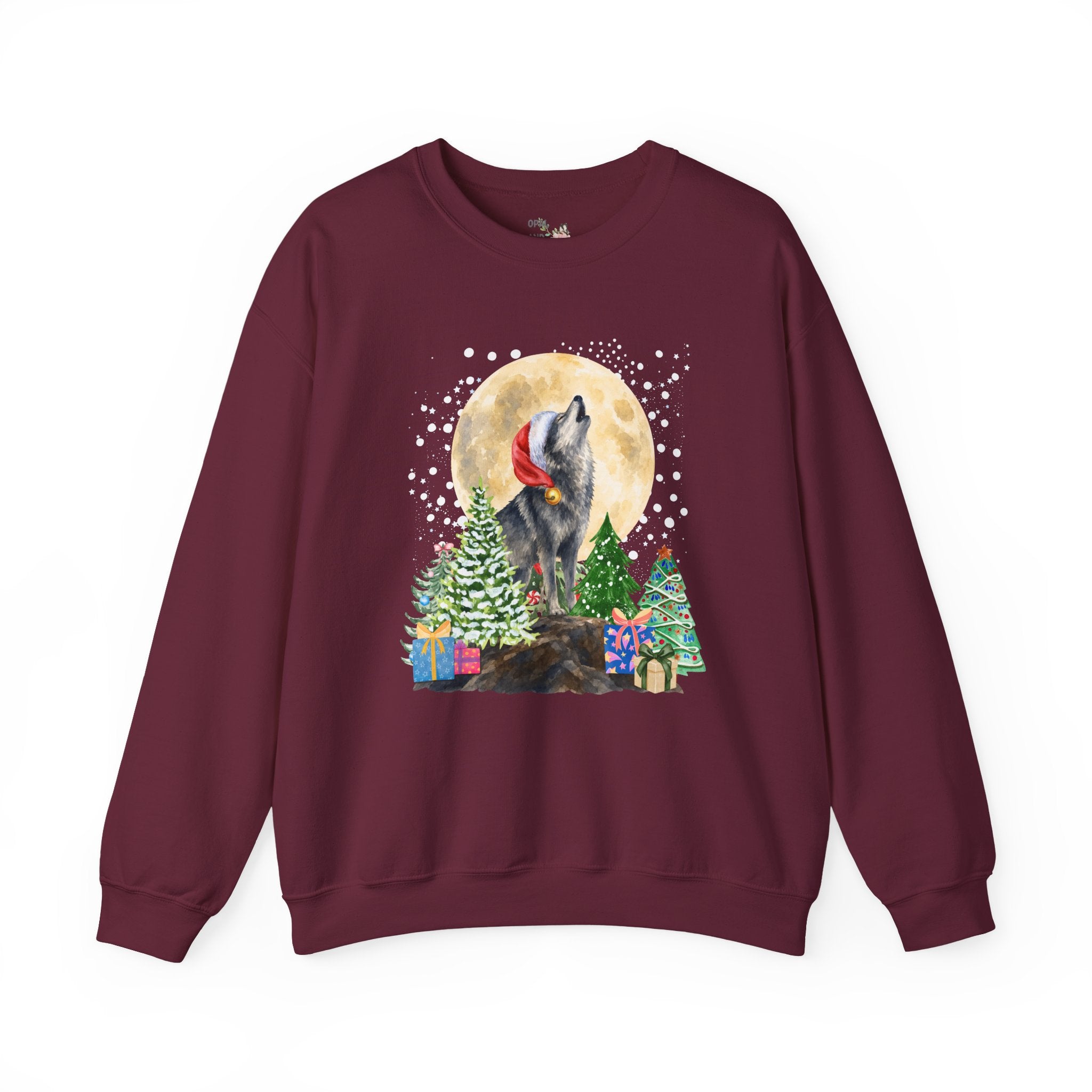 Kitschy Wolf Christmas Sweatshirt for Animal Lover, Maximalist Funny Wolf Sweatshirt of a Wolf Wearing a Santa Hat, Silly Goblincore Holiday Xmas Crewneck