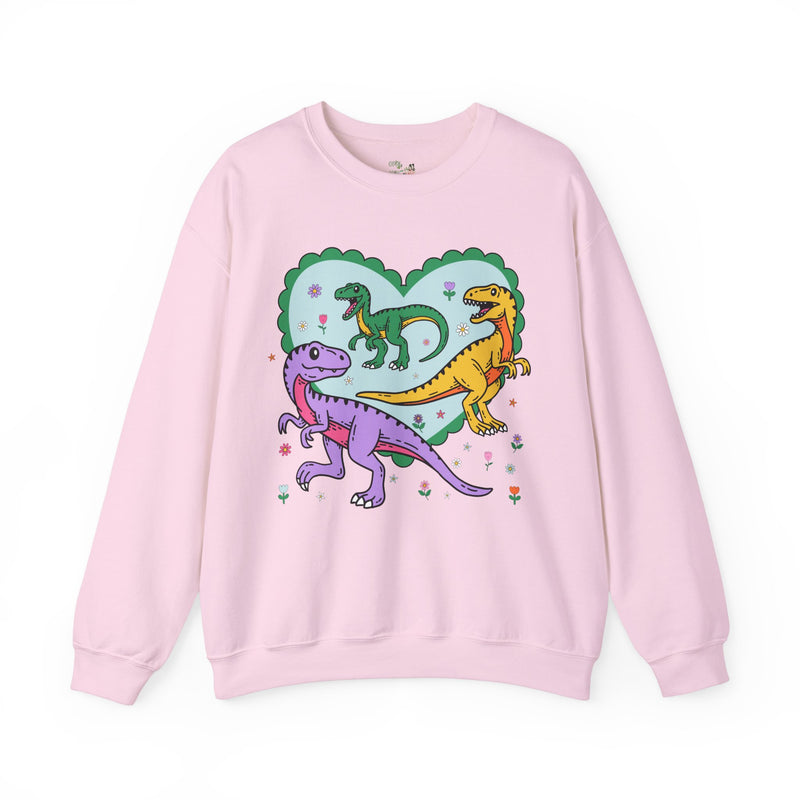 Y2K Valentines Day Crewneck for T-Rex Lover in Light Pink with Retro Heart and Flowers, Paleontology Sweatshirt for Dinosaur Lover, 90s Aesthetic Dino Gift for V Day