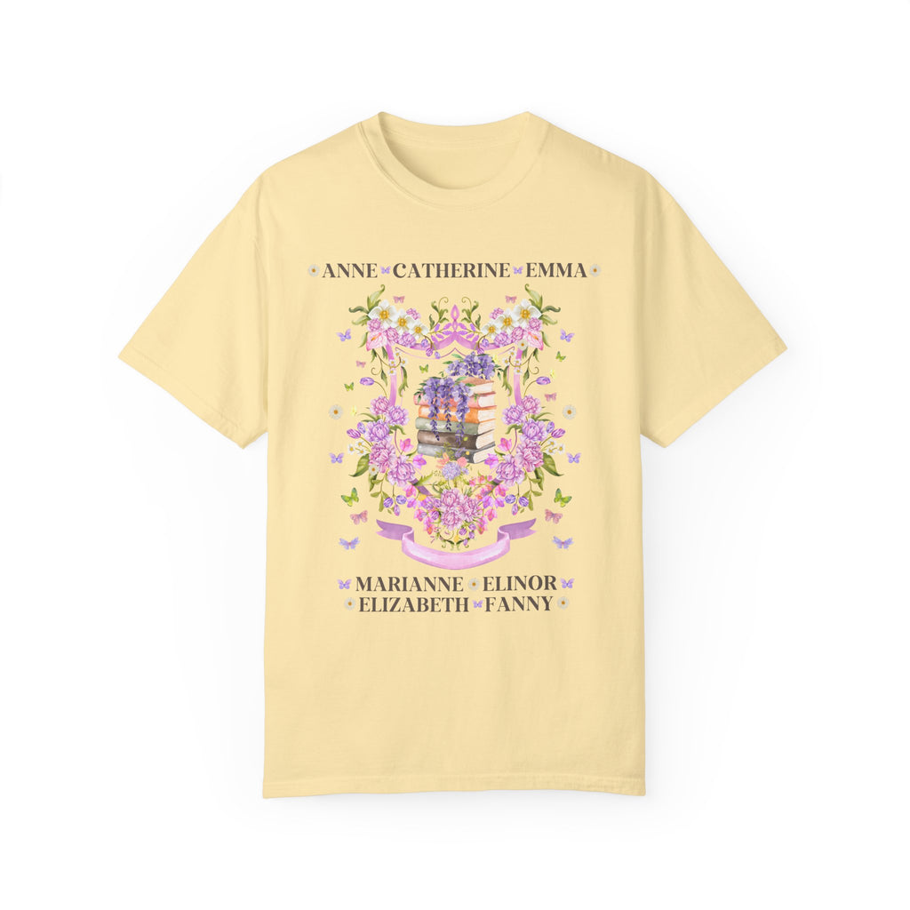 Floral Jane Austen Heroine T-Shirt Featuring Iconic Female Characters in Yellow, Book Merch for Regency Romance Reader, English Literature Major 