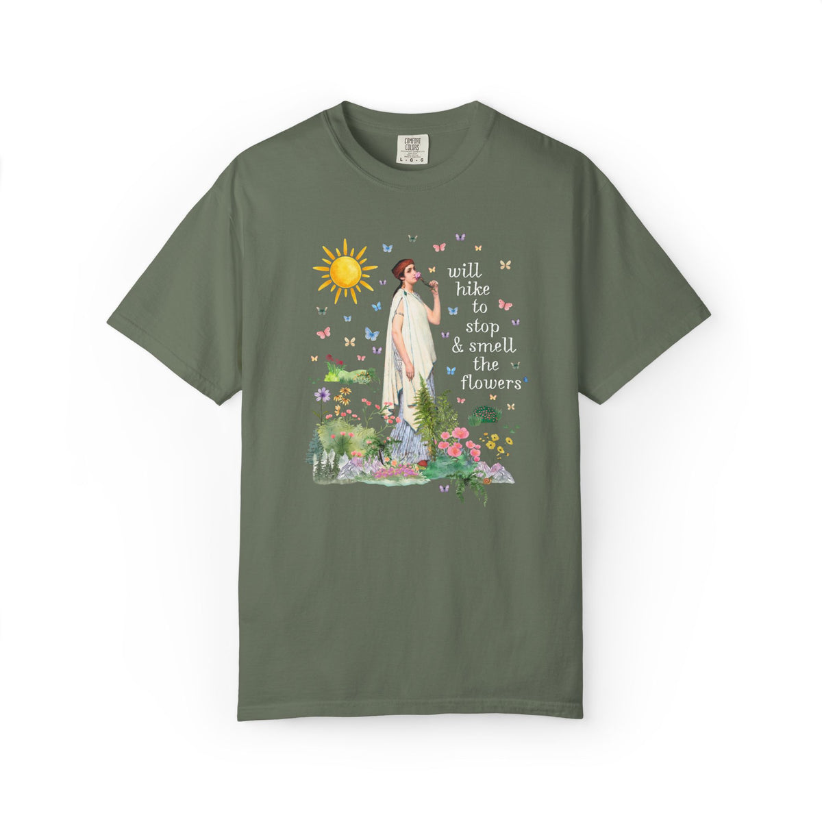 Hiking Art History Tee Shirt: Will Hike to Stop and Smell the Flowers, Funny Goblincore Hikinng Lover T-Shirt for Nature Lover or Gardener
