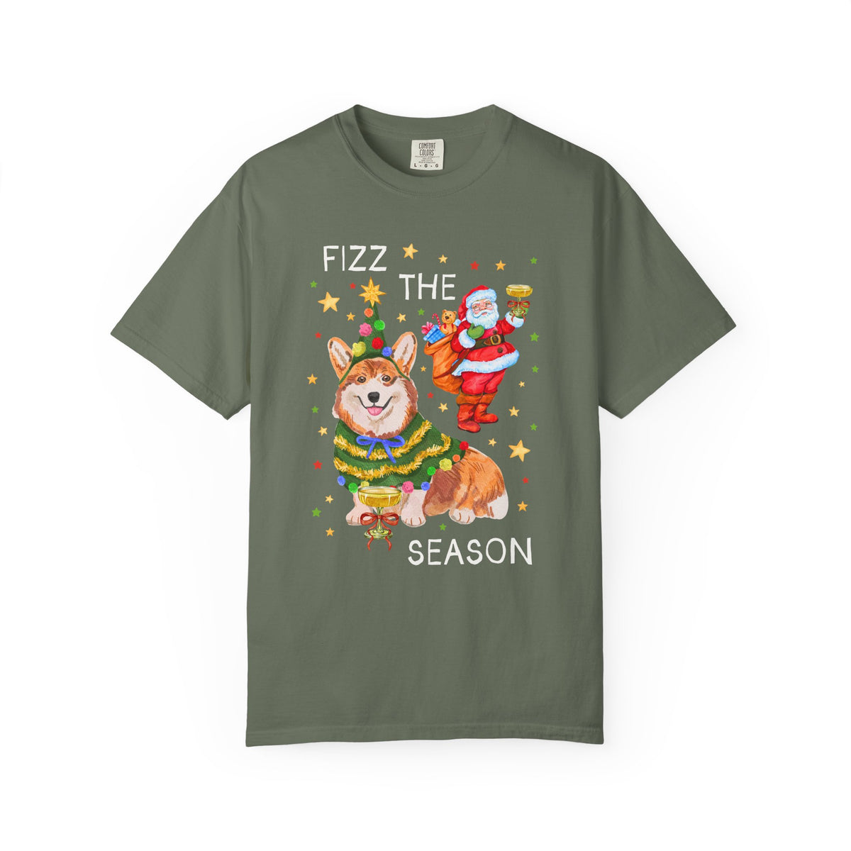 Fizz the Season: Funny Santa and Corgi Christmas T-Shirt with Stars, Cute Holiday Drinking Tee Shirt for Friend Group or Family