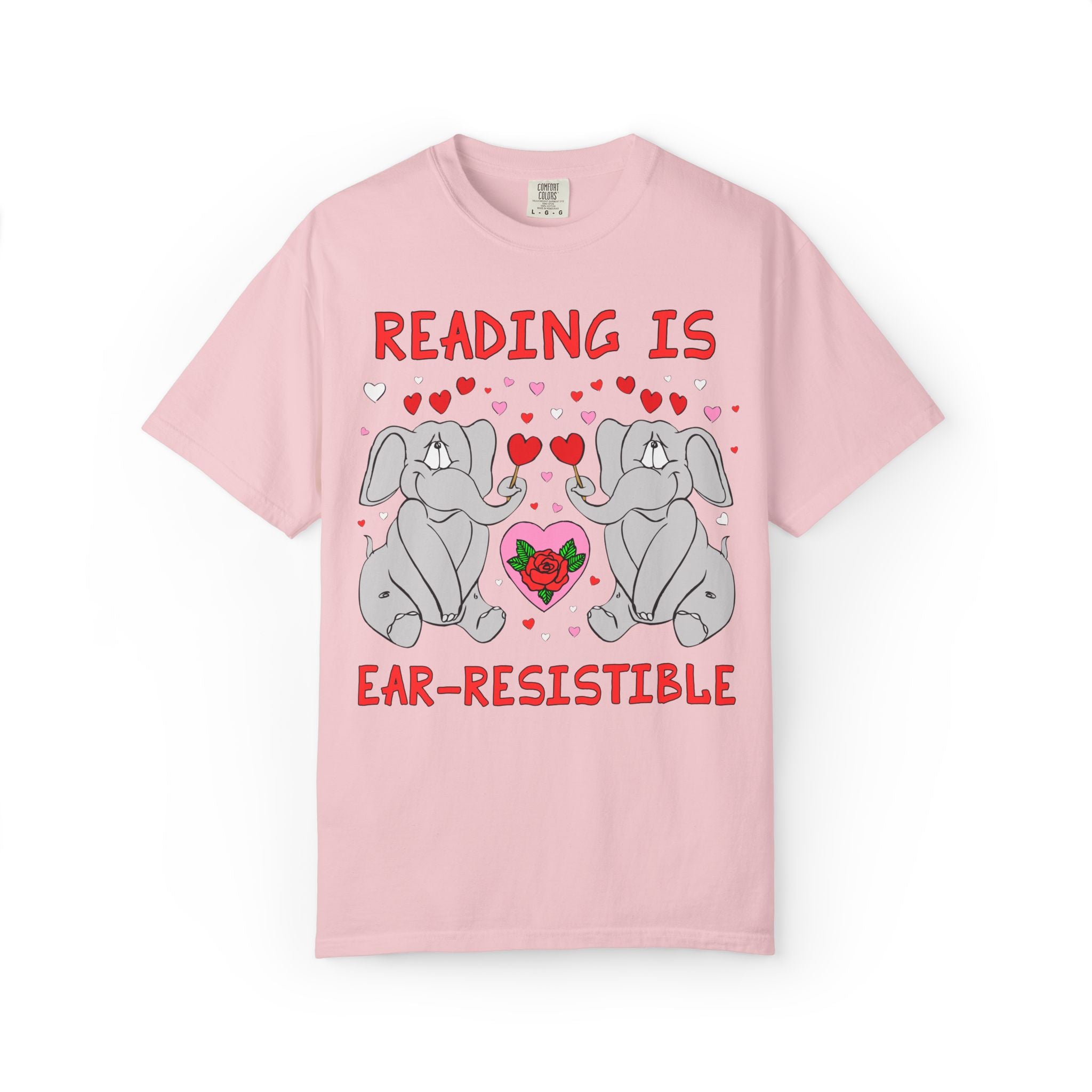 Reading is Ear-Resistible! Valentine's Day Teacher Tee: Funny Animal Lover T-Shirt with Elephant and Hearts, Cute Matching Teacher Tee