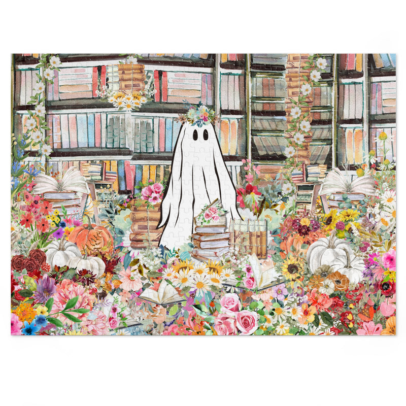 Halloween Ghost Puzzle in Library: Adorable Floral Ghost Surrounded by Books and Flowers | Fall Puzzle, Difficult Spooky Puzzle For Adults