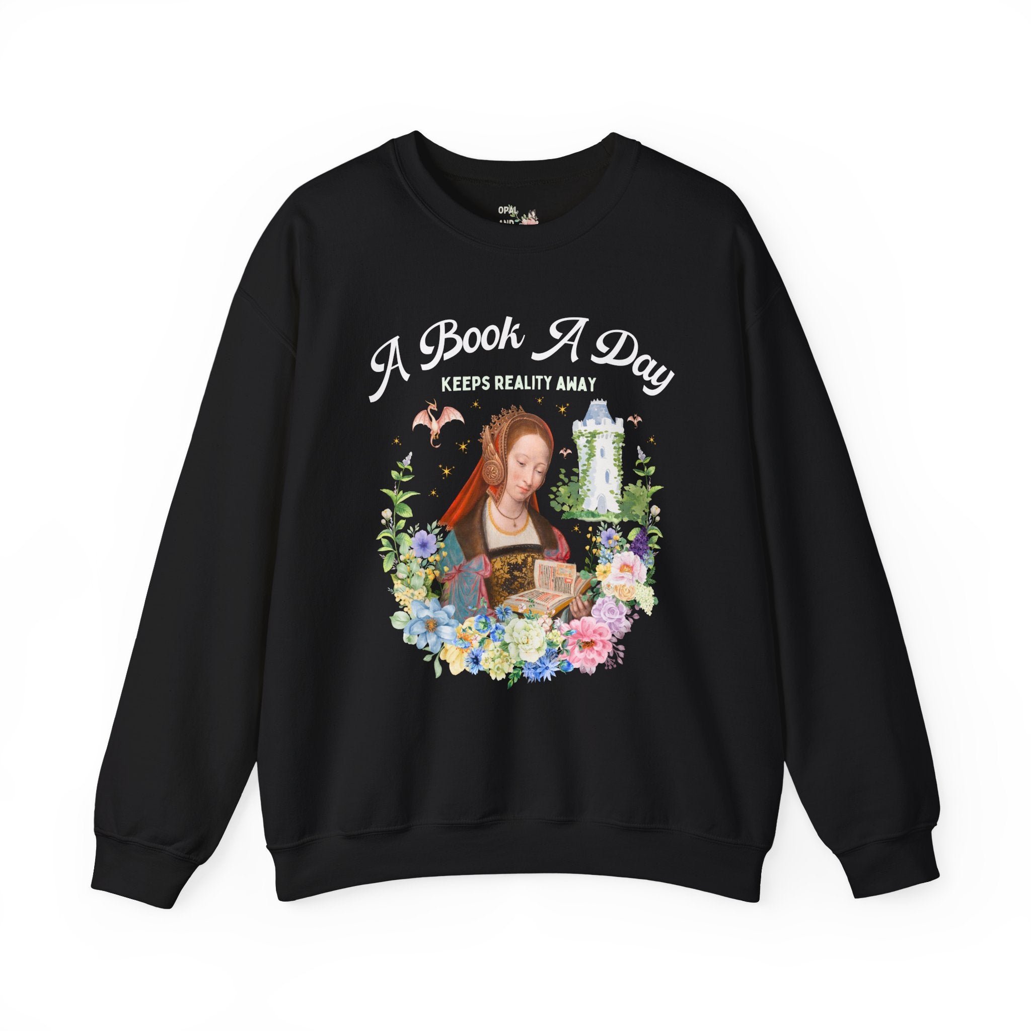 A Book A Day Keeps Reality Away: Bookish Art History Sweatshirt, The Master of Frankfurt Dragon Lover Fantasy Romance Reader Crewneck with Flowers