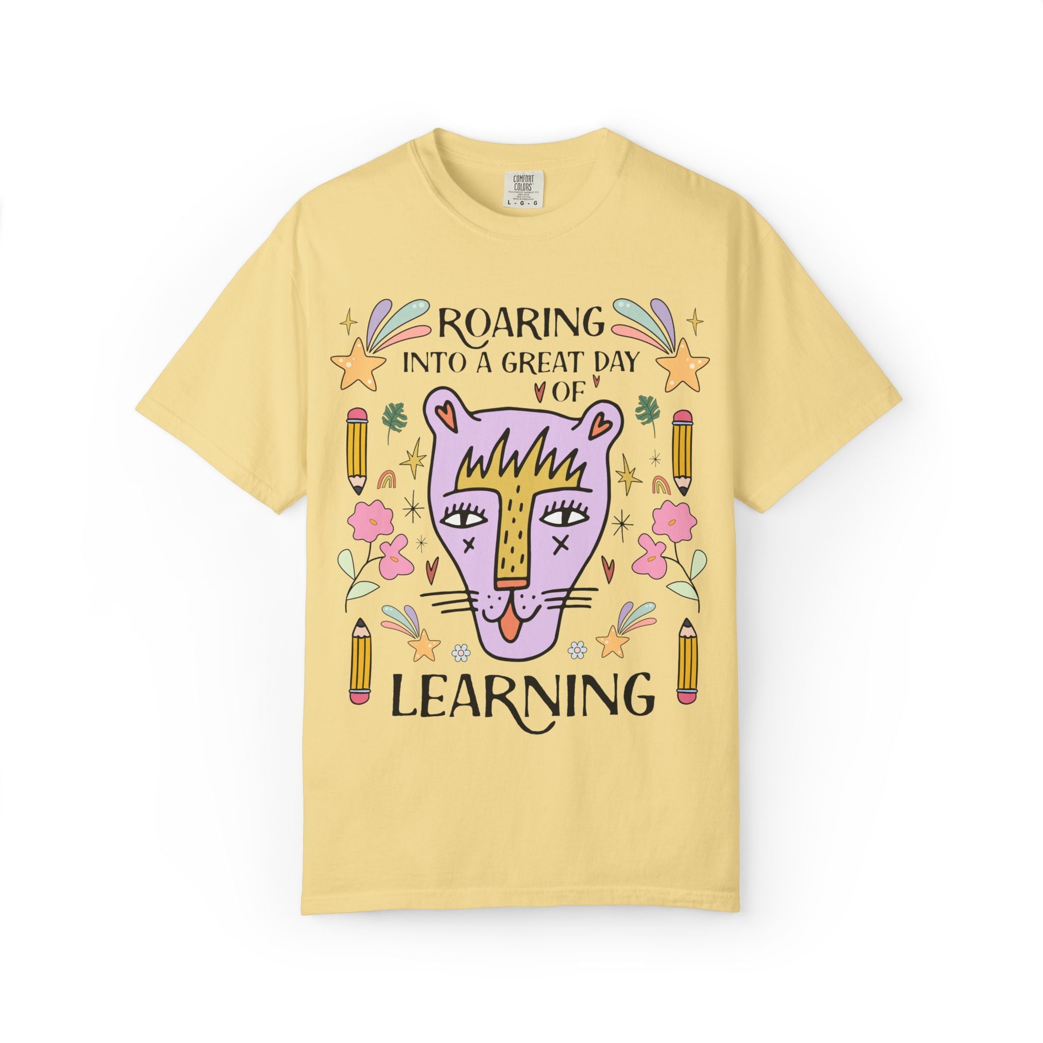 Matching Teacher Tee Shirt: Roaring Into a Great Day of Learning | Cute Matching Teacher or School Office Staff Tee with Pencils and Flowers