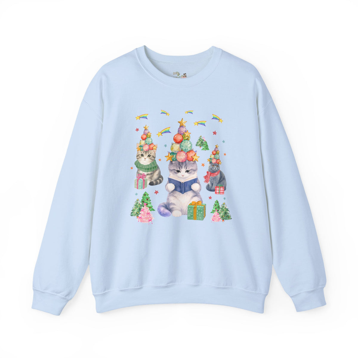 Bookish Cat Christmas Sweatshirt with Shooting Rainbow Stars, Funny Dreamcore Kitten 90s Aesthetic Crewneck for Cat Mom or Cat Dad, Animal Lover Shirt
