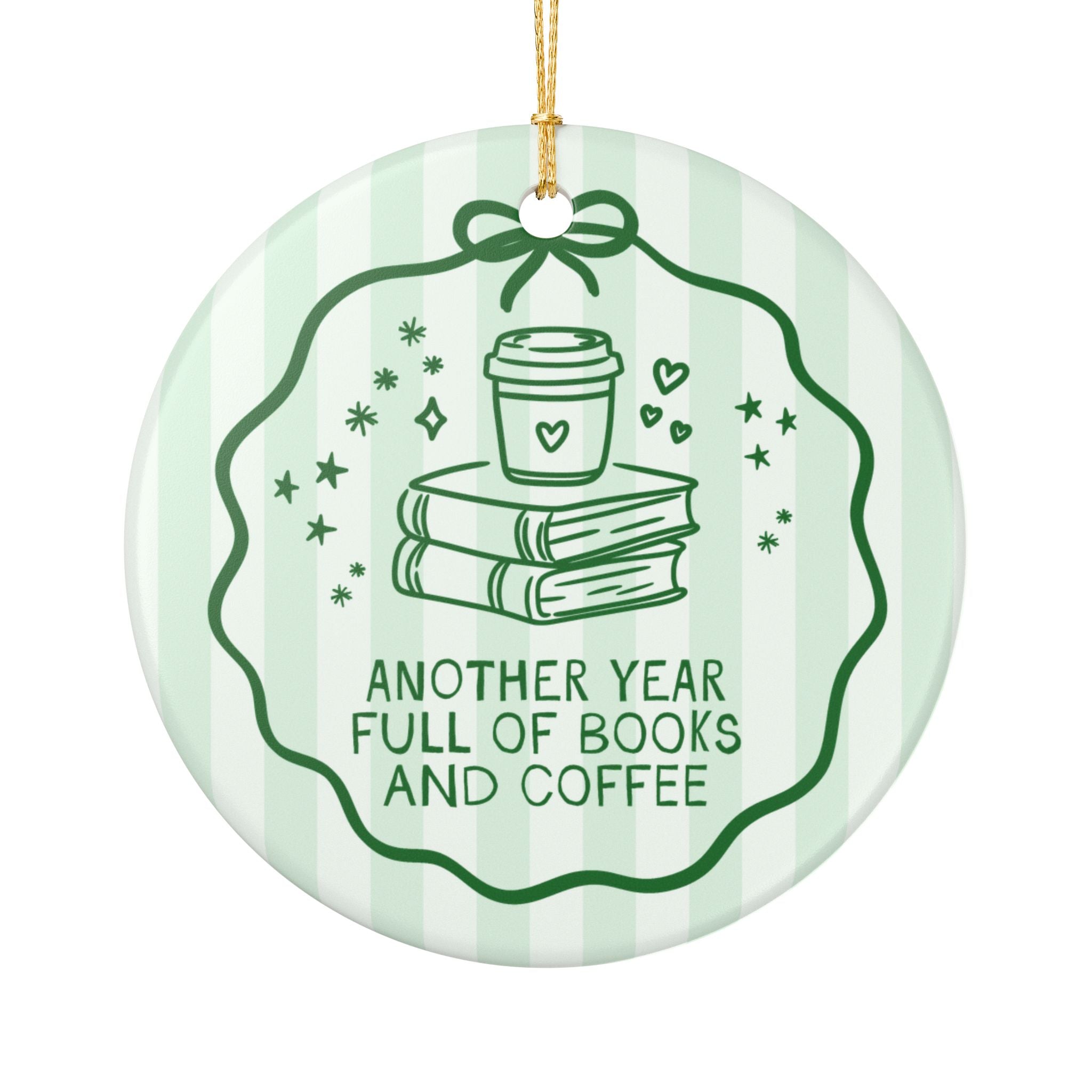 Bookish Coffee Lover Gift for Librarian, Book Lover or Barista: Another Year Full of Books and Coffee Striped Holiday Ornament for Christmas