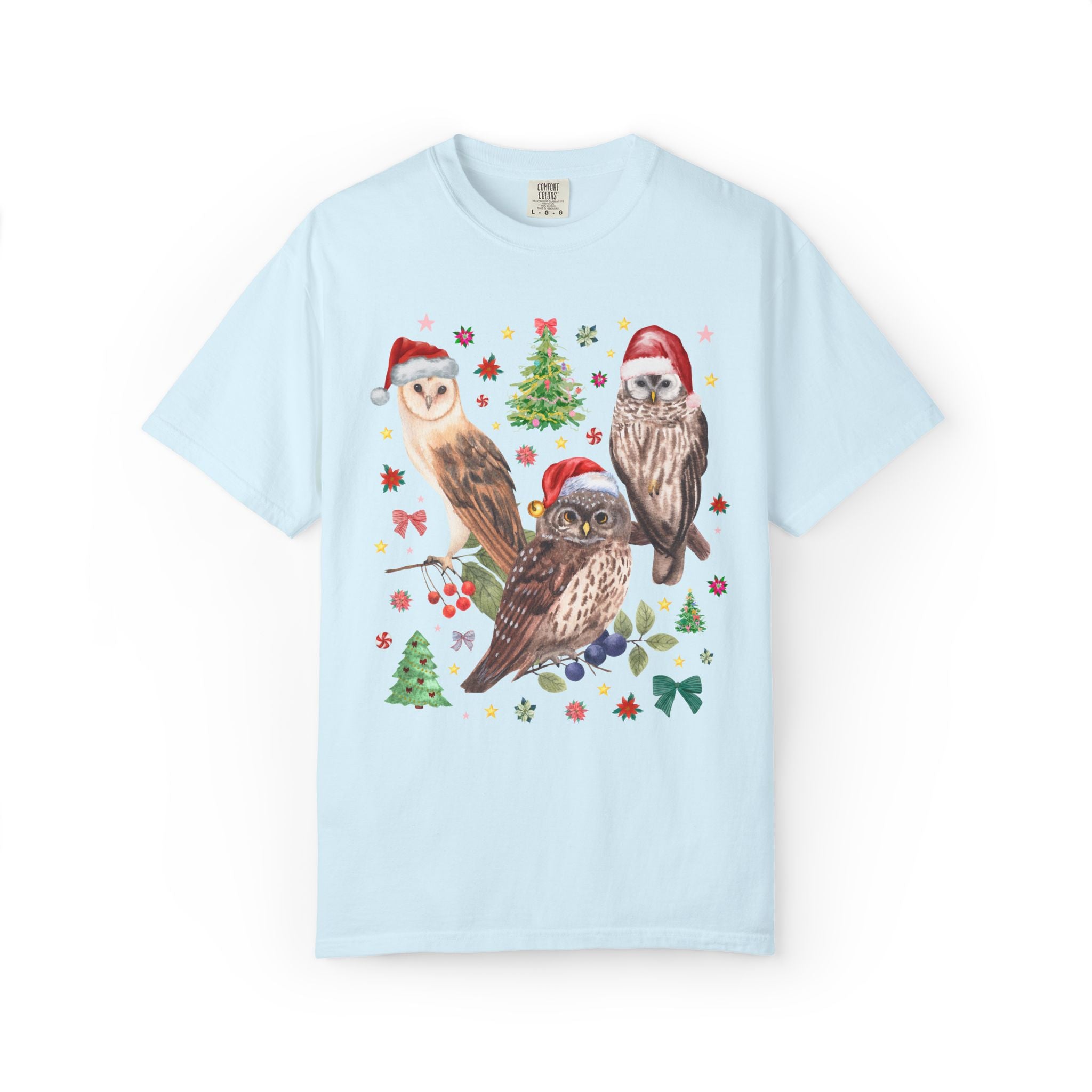 Christmas Owl Animal Lover Tee Shirt with Owls Wearing Santa Hats, Funny Nostalgic 90s Aesthetic Maximalist Tee, Bird Lover or Birdwatcher