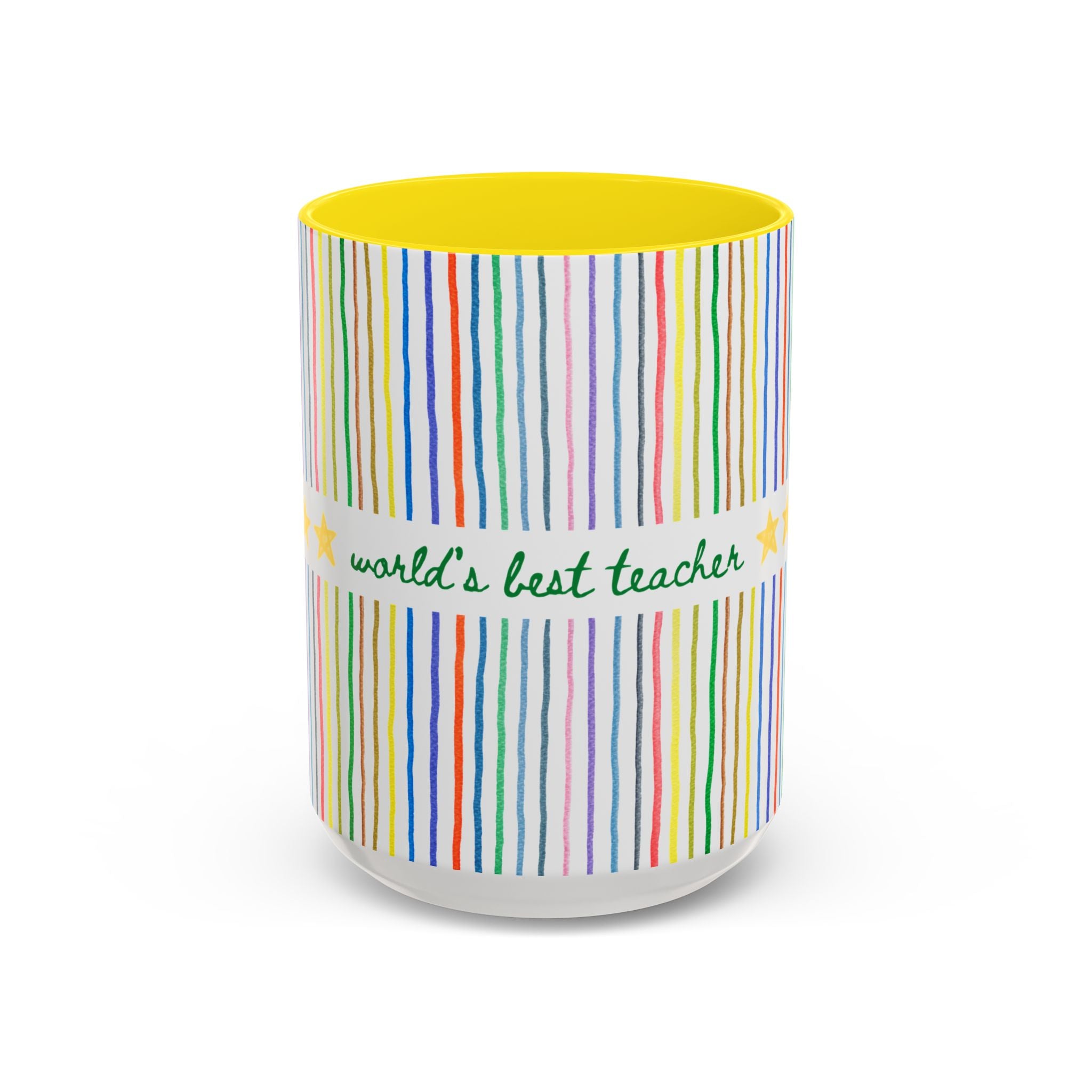 World's Best Teacher Coffee Mug: 15 Oz Mug with Colorful Stripes, Cute Thank You Gift or Teacher Appreciation Gift for Coffee Lover, New Teacher Gift