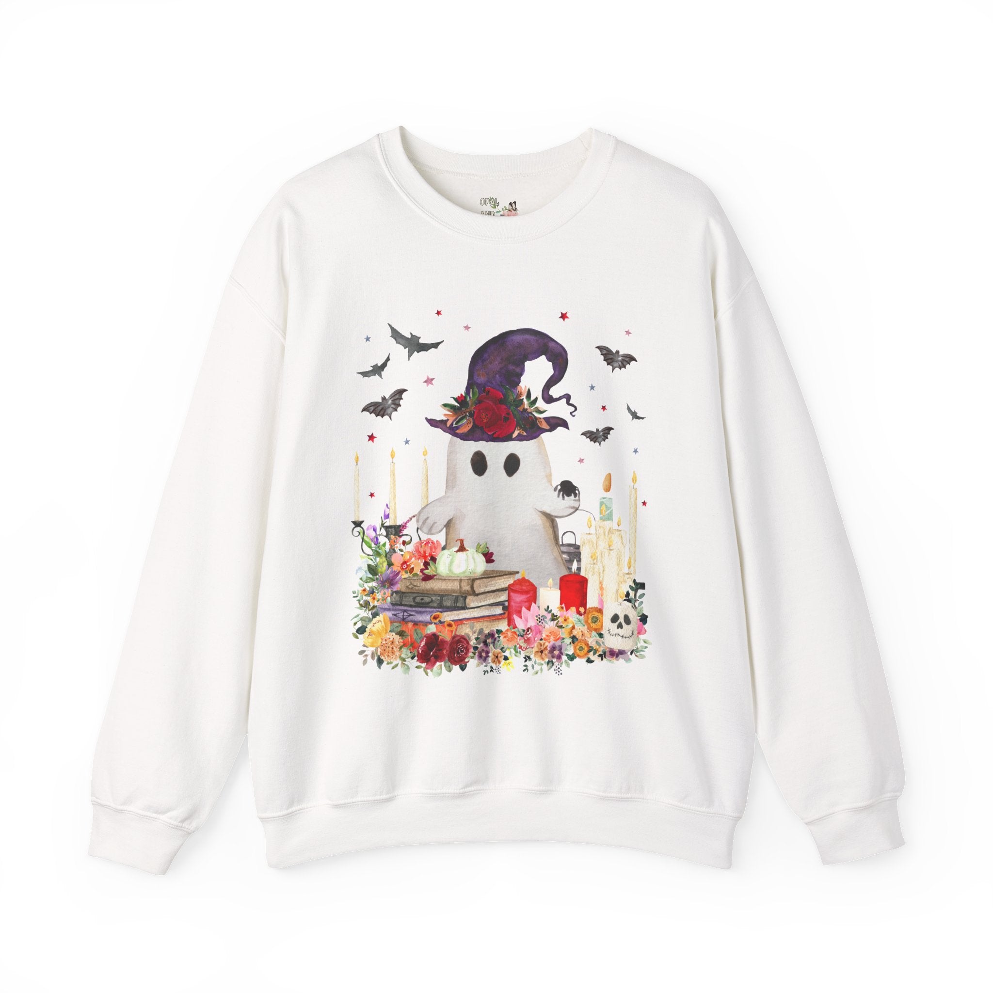 Ghost Sweatshirt for Halloween: Ghost with Flowers and Books | Cute Halloween Sweatshirt, Boho Halloween, Spooky Sweatshirt with Bats
