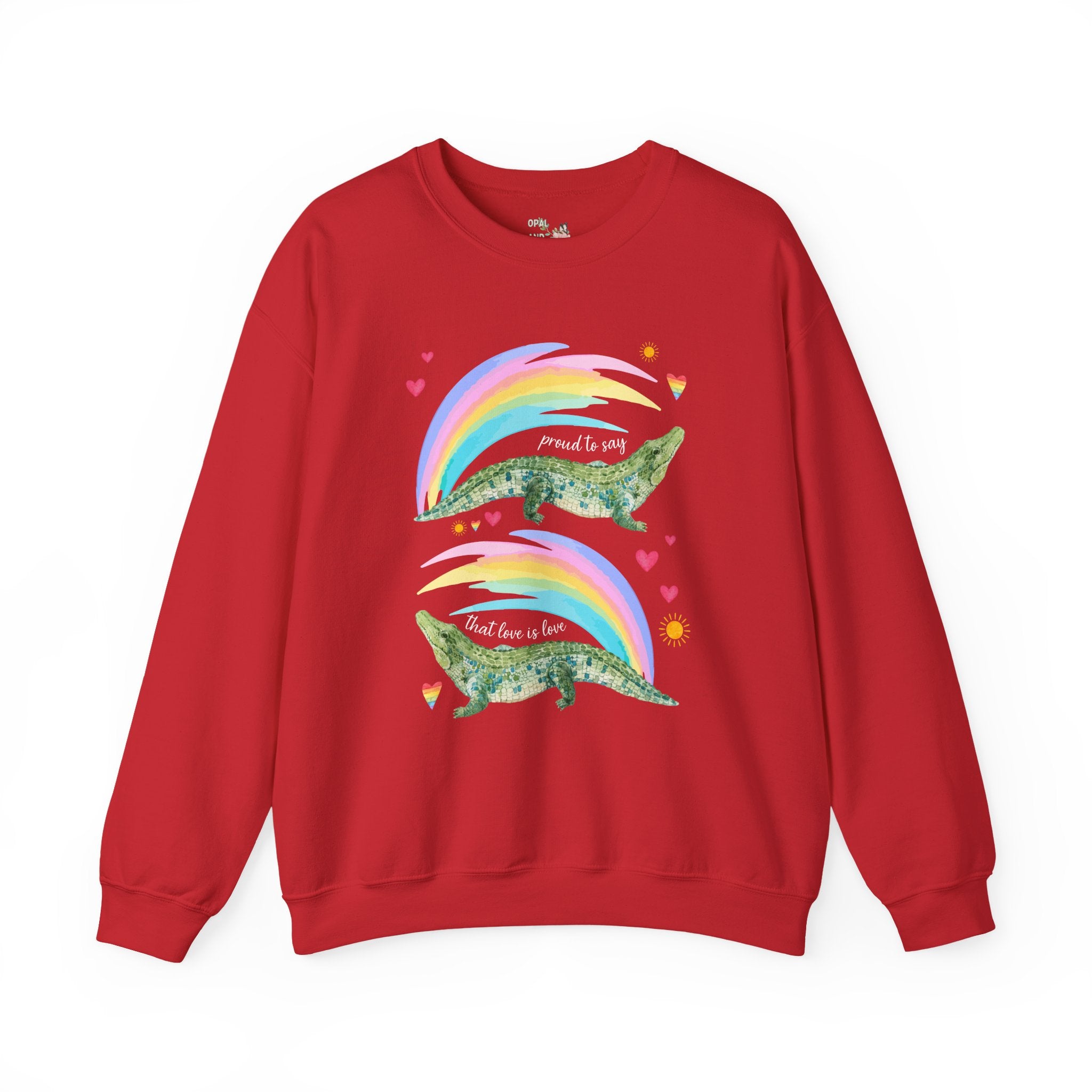 Proud to Say that Love is Love: Colorful Alligator Sweatshirt with Rainbow and Hearts, Gay Rights Nostalgic Animal Lover Crewneck for Pride Month