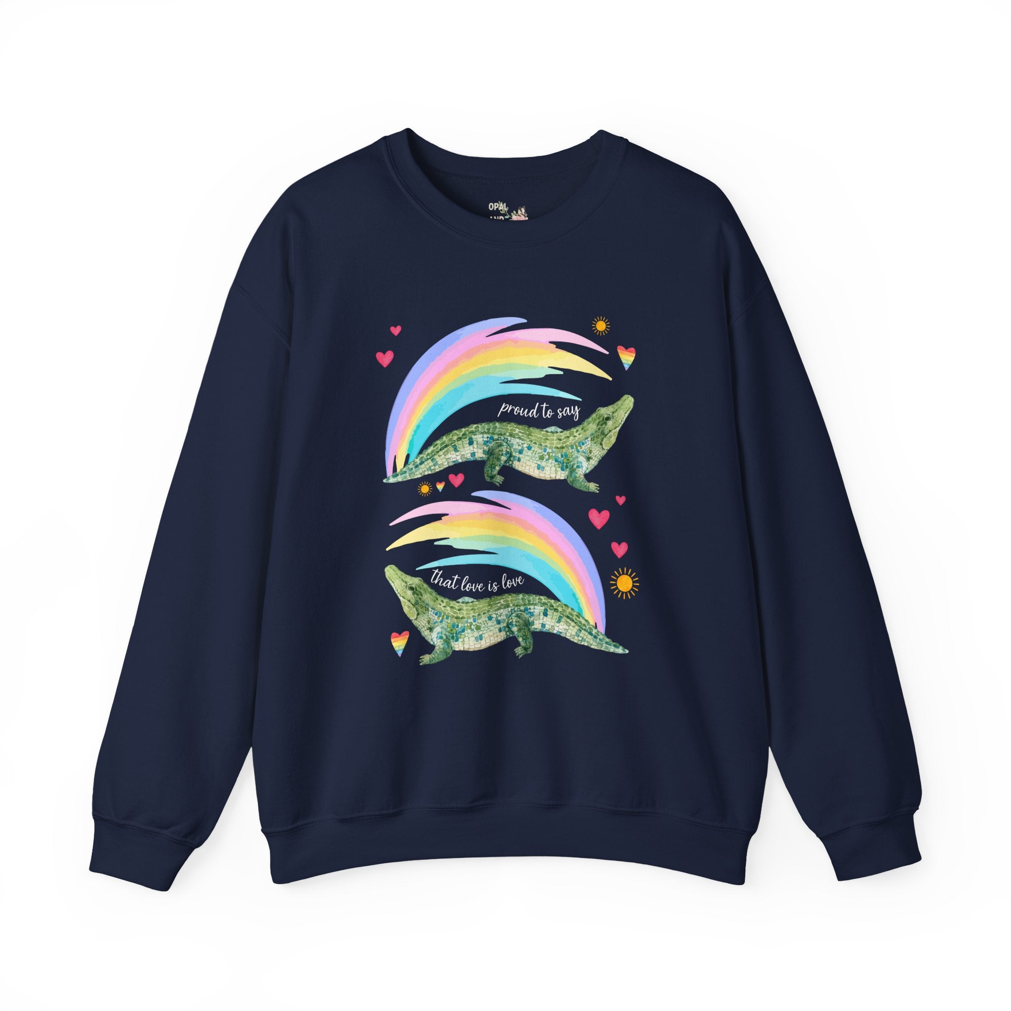 Proud to Say that Love is Love: Colorful Alligator Sweatshirt with Rainbow and Hearts, Gay Rights Nostalgic Animal Lover Crewneck for Pride Month