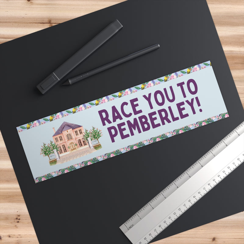 Silly Jane Austen Bumper Sticker with Vintage Botanicals: Race You to Pemberley!