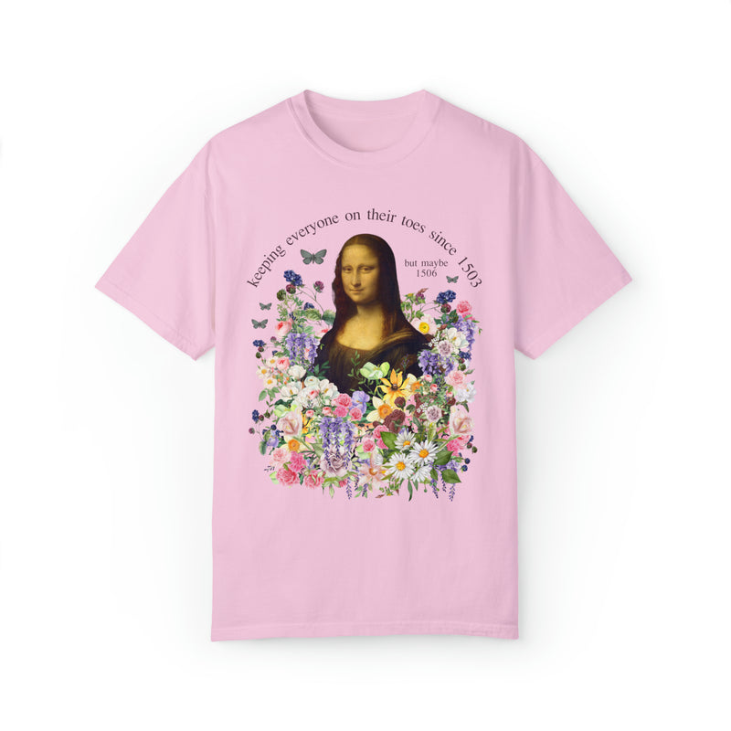 tee shirt of the Mona Lisa with flowers and butterflies