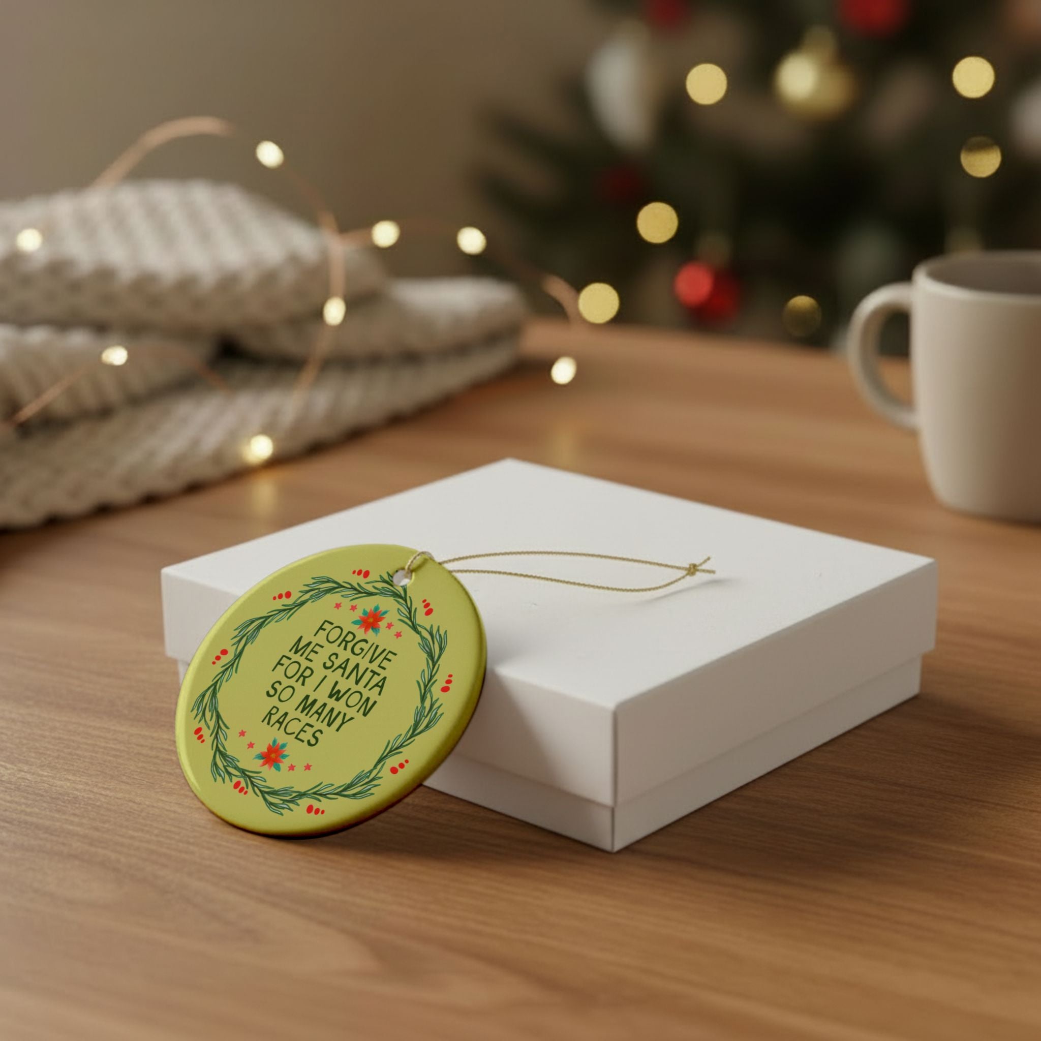 Forgive Me Santa For I Won So Many Races Holiday Ornament: Funny Biking Triathlon or Runner Gift for Friend Who Loves Racing or Running