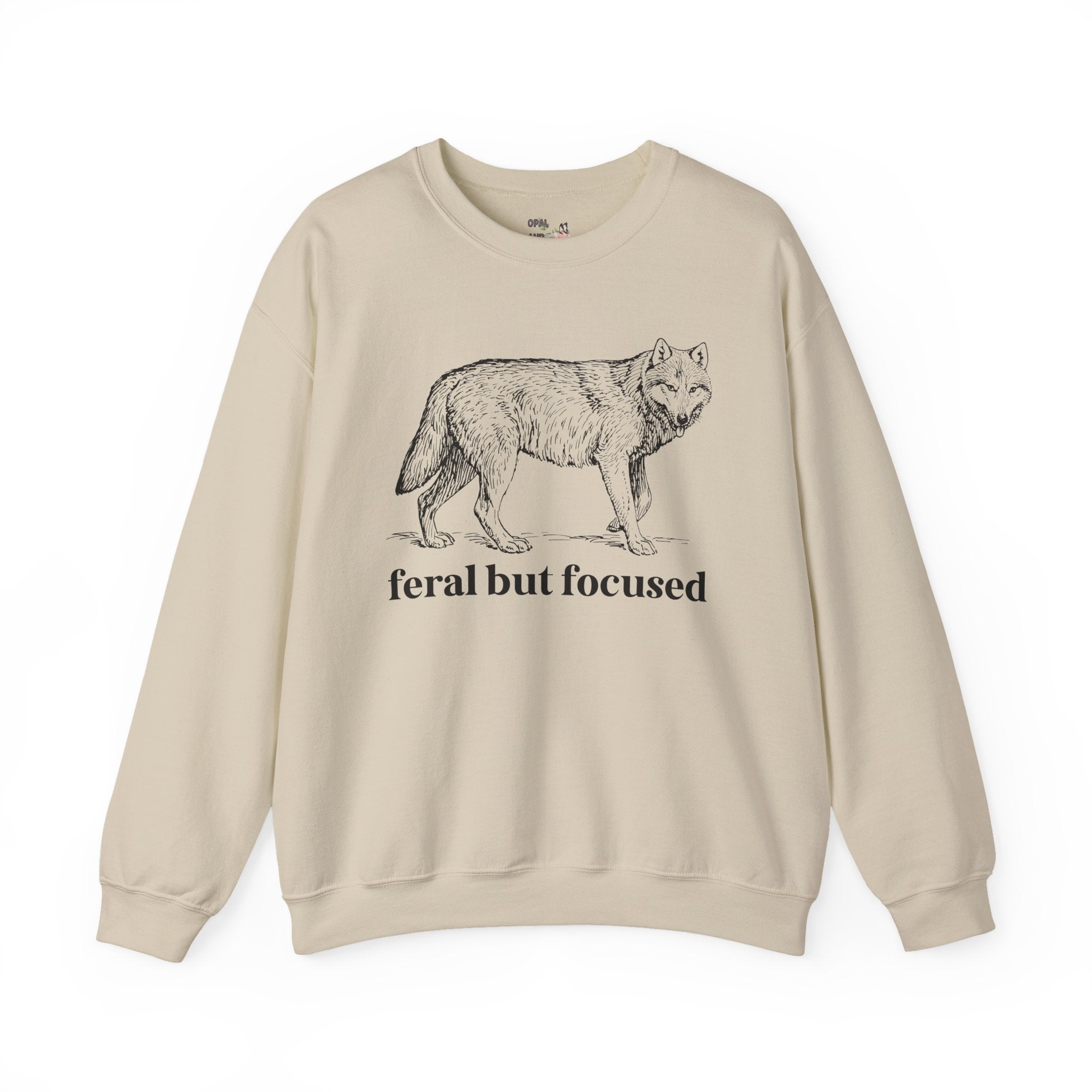Silly Animal Lover Sweatshirt with Illustration of Wolf: Feral But Focused, Funny Goblincore Crewneck, Biology Major Present, Cute Birthday Gift