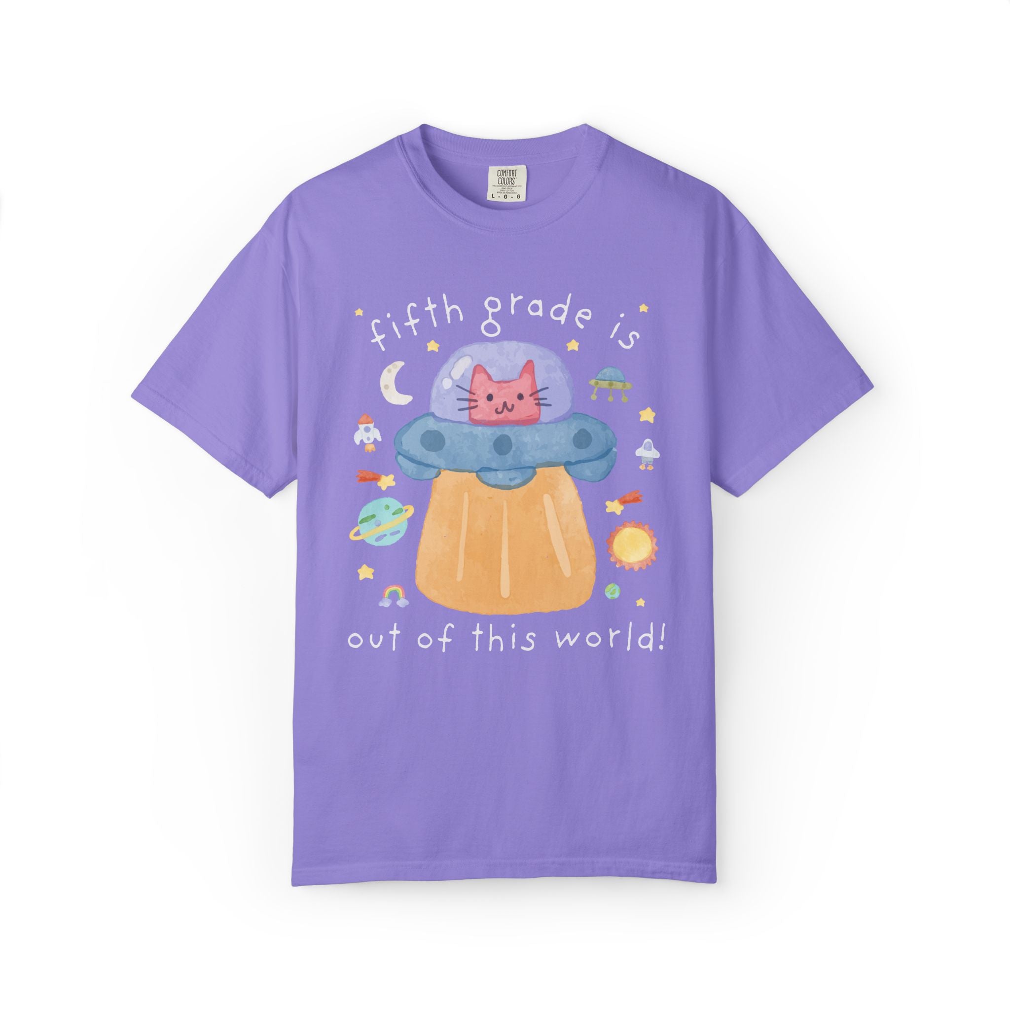 Matching Cat Mom Teacher Tee Shirt with Kitten in a UFO: Learning is Out of this World 90s Throwback Tee for Grade Level, Science Teacher