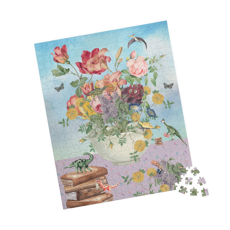 Vintage Botanical Puzzle with Books and Dinosaurs: Difficult Floral Puzzle for Adults