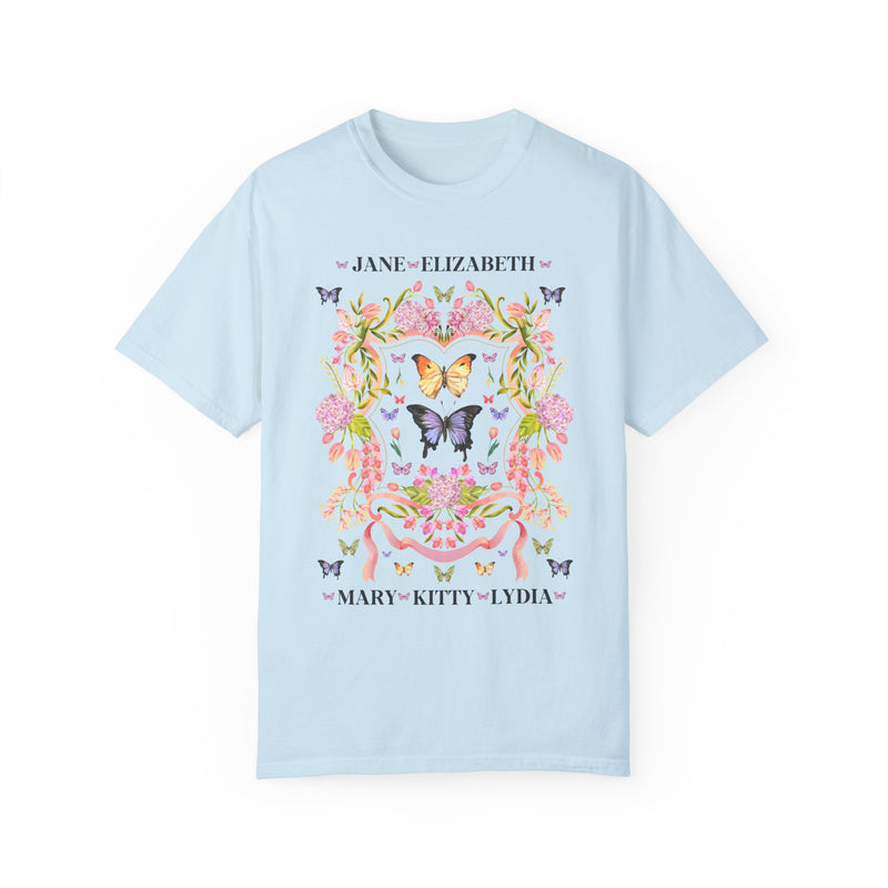 Colorful Pride and Prejudice Shirt with Butterflies, Whimsigoth Jane Austen Tee for English Literature Majors in Light Blue, Bennet Sisters Apparel for Book Lovers, Book Merch