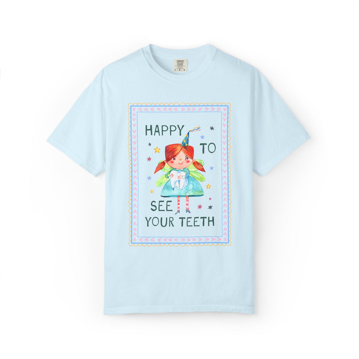 Happy to See Your Teeth: Funny Dentist or Dental Assistant T-Shirt with Tooth Fairy Holding a Tooth, Silly New Dentist Tee with Stars