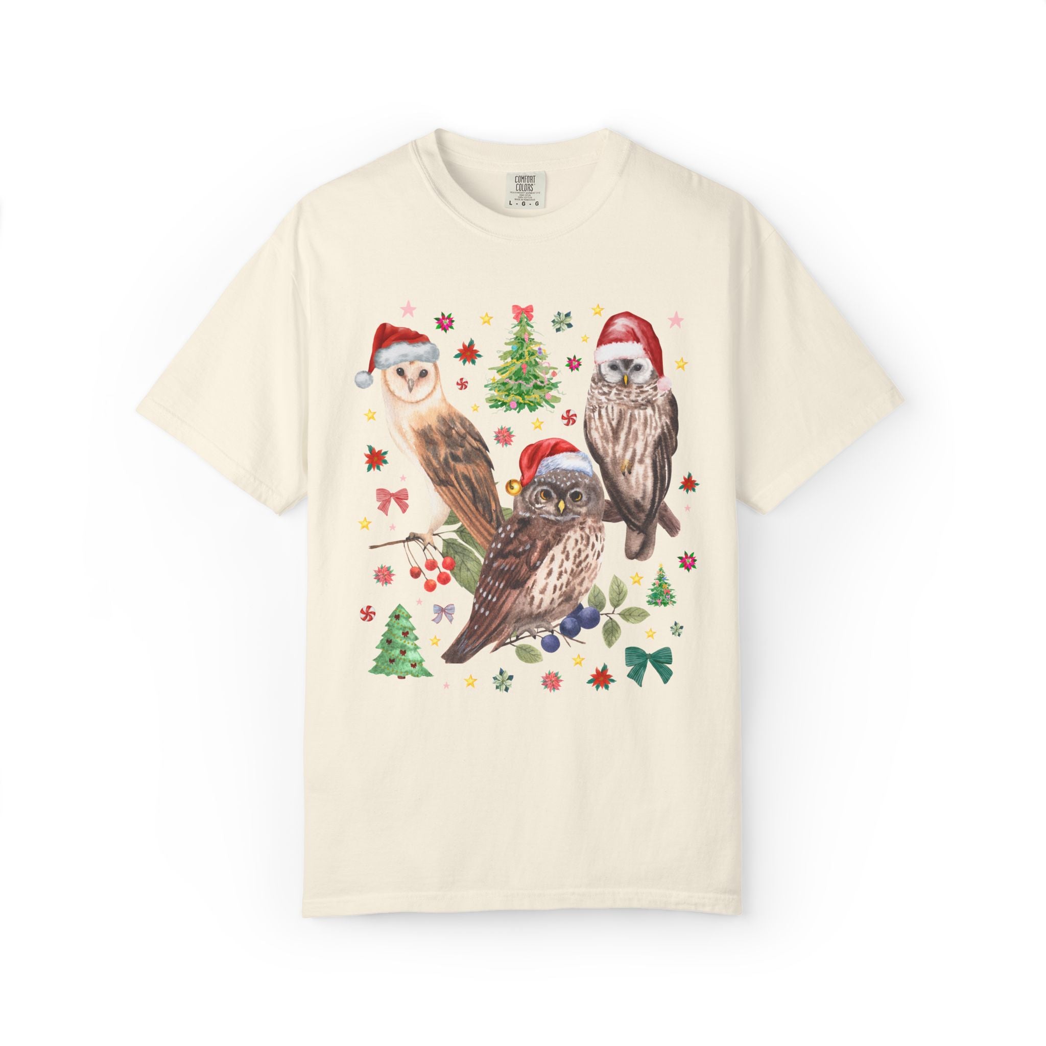 Christmas Owl Animal Lover Tee Shirt with Owls Wearing Santa Hats, Funny Nostalgic 90s Aesthetic Maximalist Tee, Bird Lover or Birdwatcher