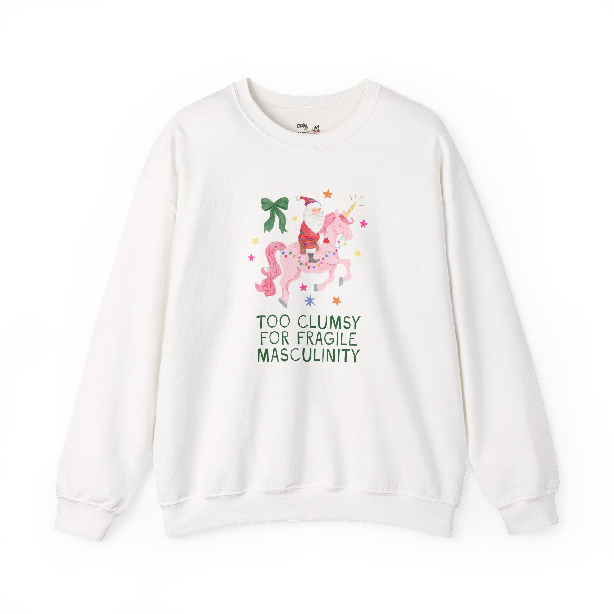 Feminist Santa Sweatshirt with Unicorn: Too Clumsy for Fragile Masculinity Maximalist Christmas Crewneck with Nostalgic Vibe, Women's Rights