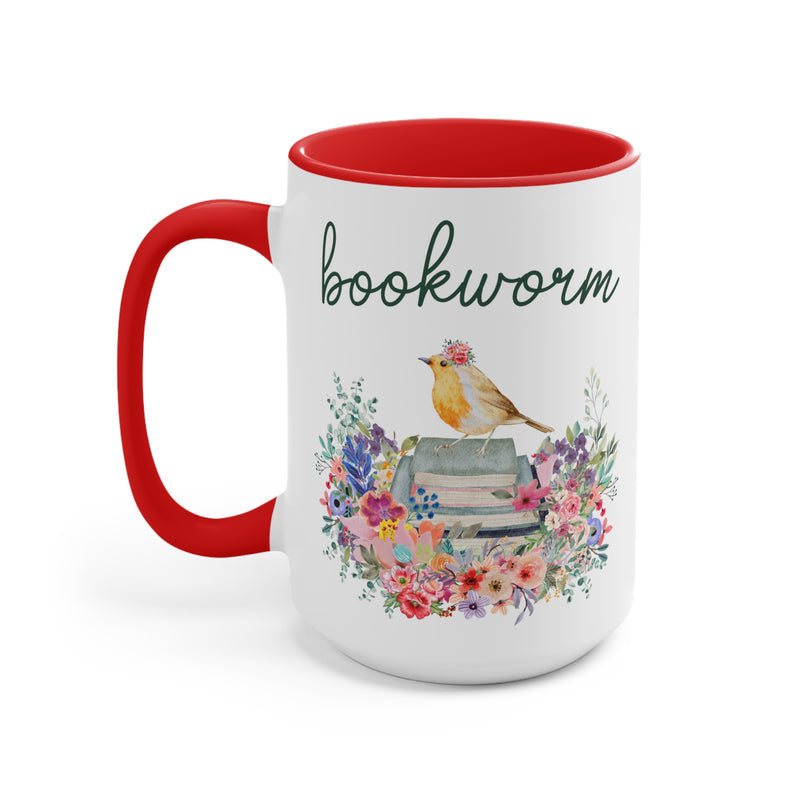 Bookworm Coffee Mug with Bird and Flowers: 15 Oz Coffee Mug