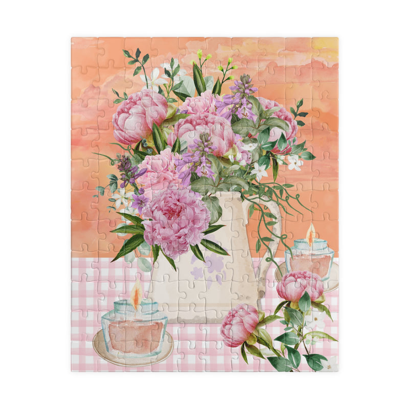 Dreamy Boho Puzzle with Vintage Aesthetic: Pink Flowers and Orange Sunset | Puzzle for Adults, Creative and Cheerful Floral Gift for Mom