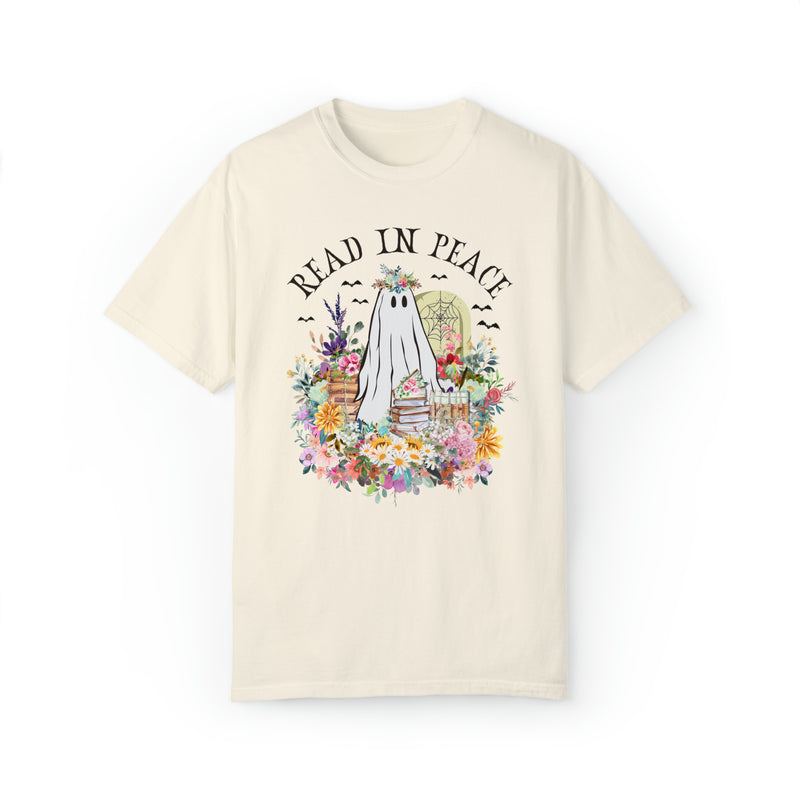 Bookish Floral Ghost Tee Shirt for Halloween: Read In Peace | Funny Cottagecore Spooky Season T-Shirt
