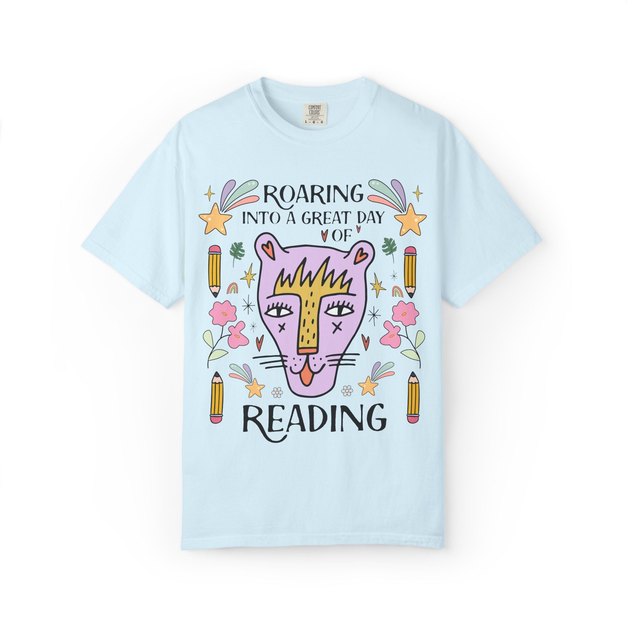 Matching Librarian Tee Shirt: Roaring Into a Great Day of Reading | Cute Matching Teacher or School Office Staff Tee, Pencils and Flowers