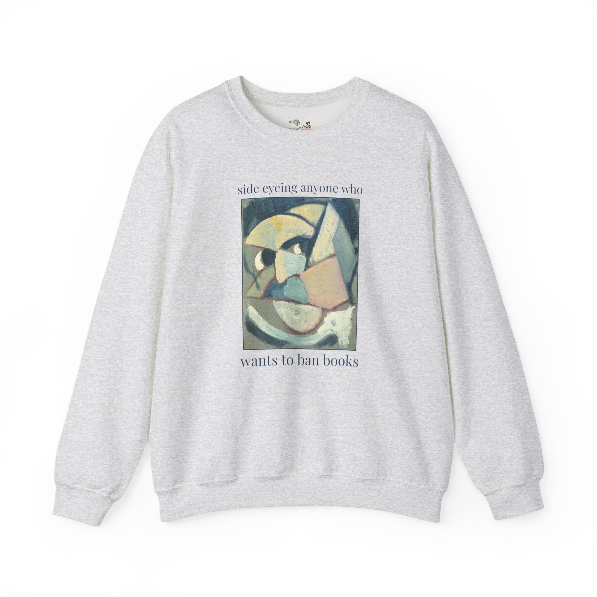 Read Banned Books Art History Lover Sweatshirt, Abstracted Portrait by Theo van Doesburg, Funny Book Lover Crewneck for Librarian or Reader