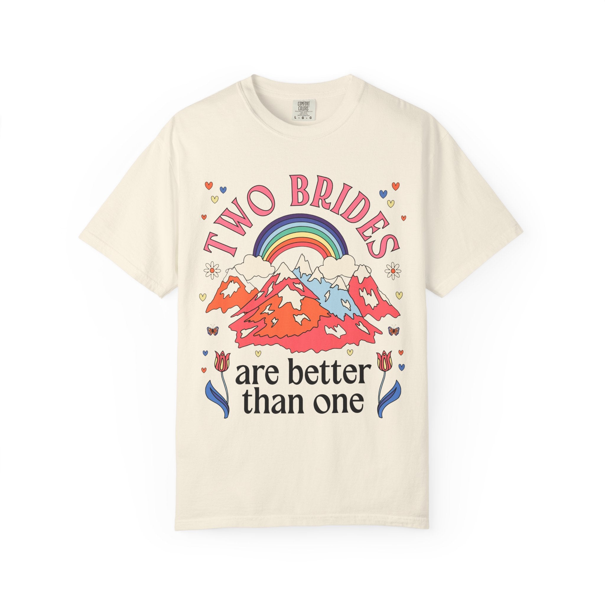 Lesbian Bachelorette Tee Shirt for LGBTQ Wedding Party: Two Brides are Better Than One Nostalgic 70s Aesthetic Rainbow Tee for Bridesmaids