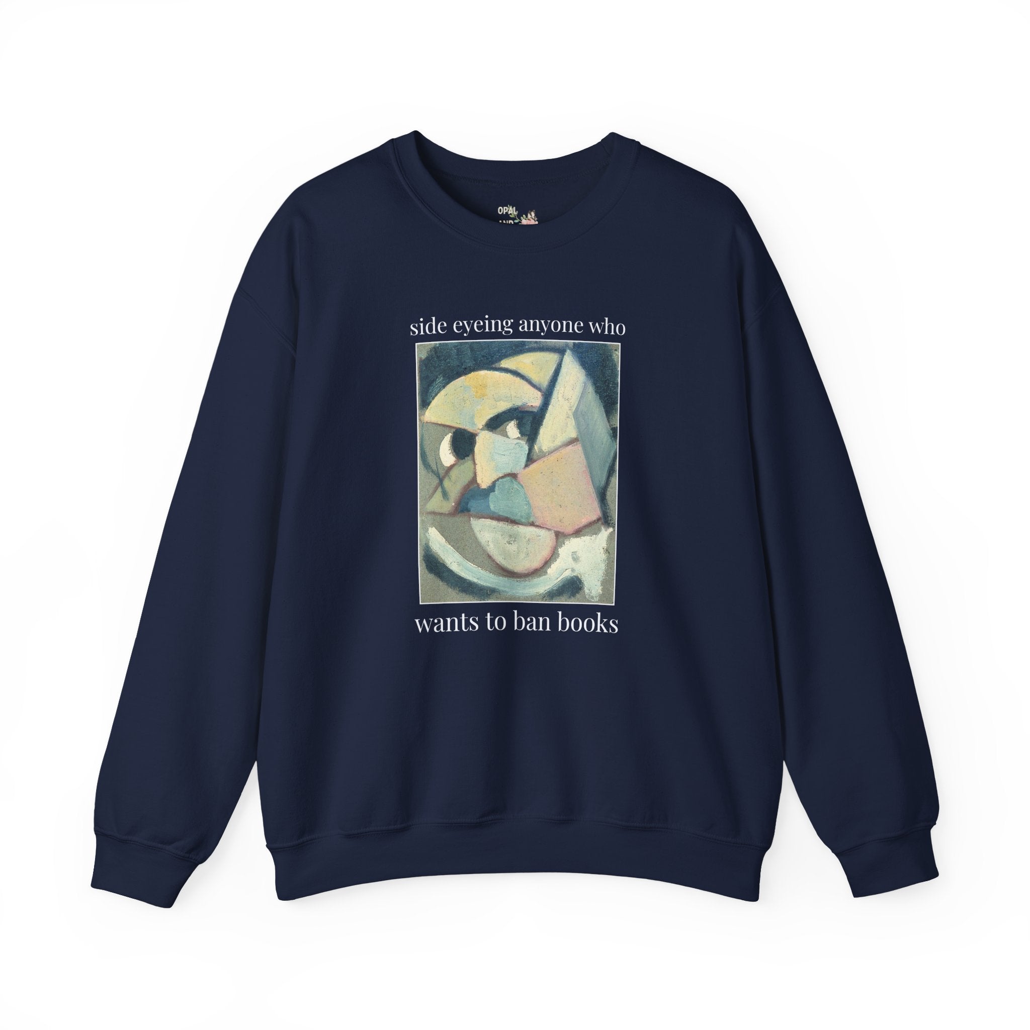 Read Banned Books Art History Lover Sweatshirt, Abstracted Portrait by Theo van Doesburg, Funny Book Lover Crewneck for Librarian or Reader