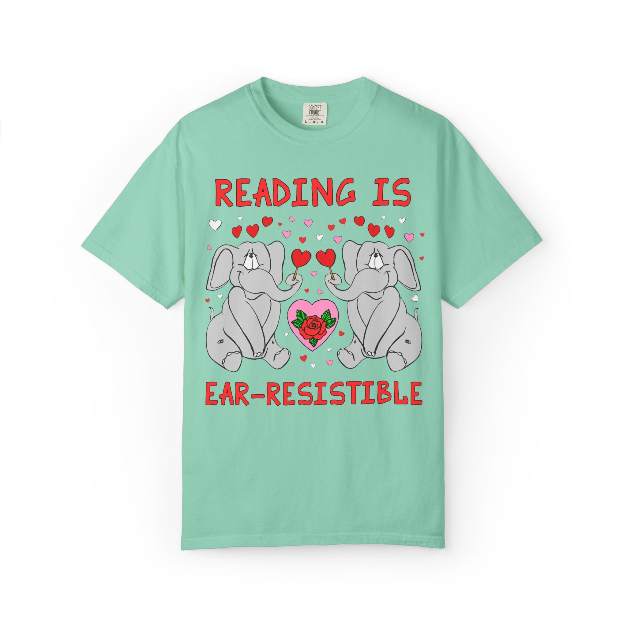 Reading is Ear-Resistible! Valentine's Day Teacher Tee: Funny Animal Lover T-Shirt with Elephant and Hearts, Cute Matching Teacher Tee