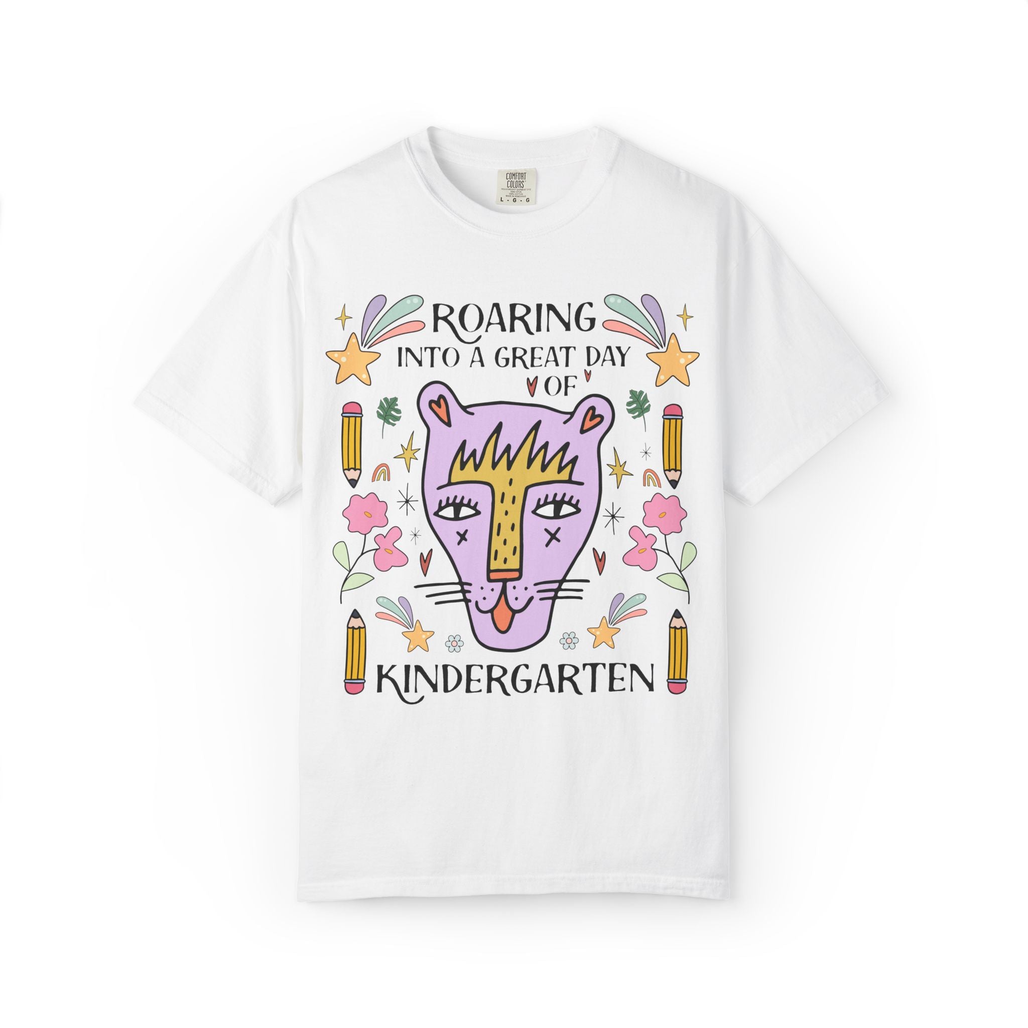 Kindergarten Teacher Tee Shirt: Roaring Into a Great Day of Kindergarten | Cute Matching Teacher or Paraprofessional Tee with Pencils