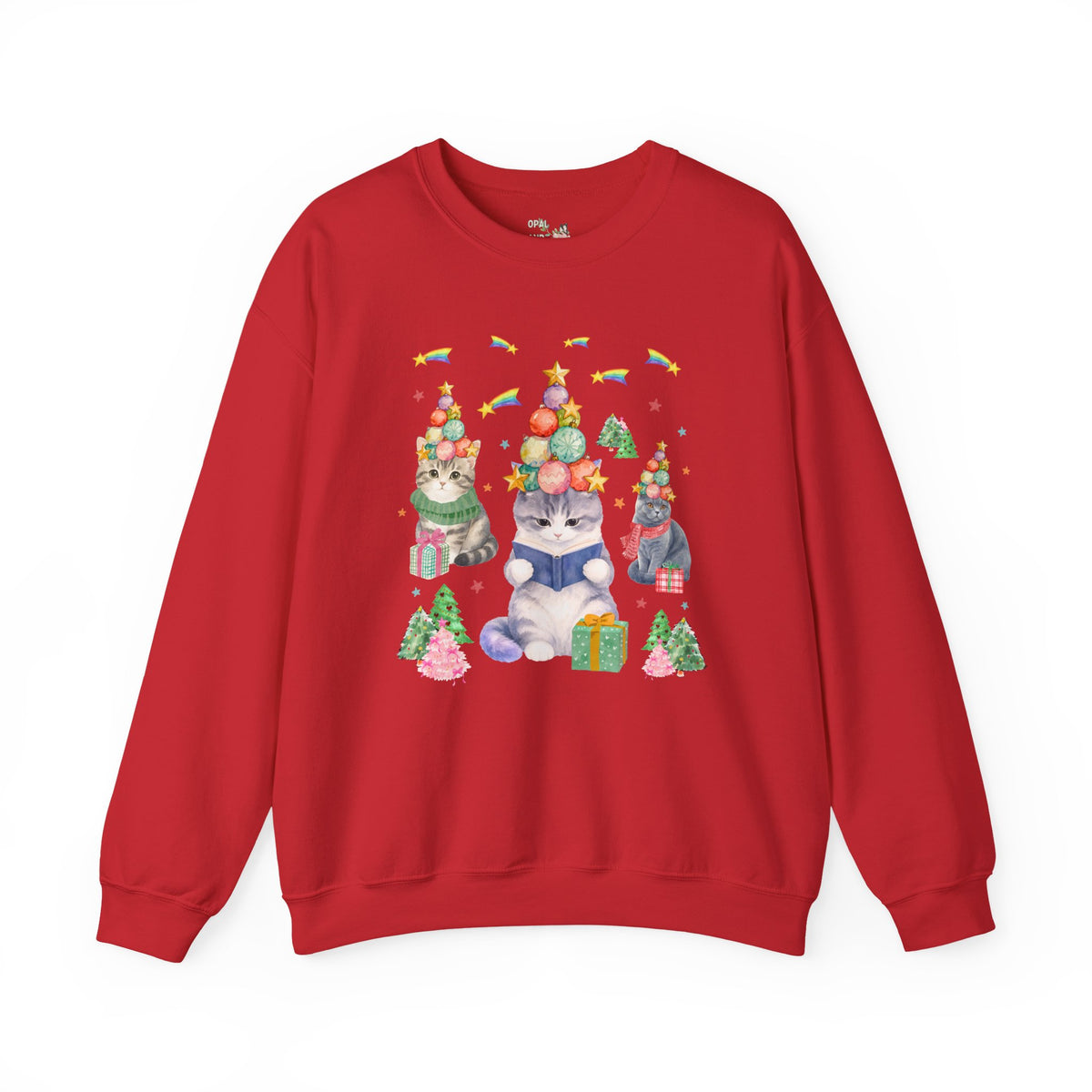 Bookish Cat Christmas Sweatshirt with Shooting Rainbow Stars, Funny Dreamcore Kitten 90s Aesthetic Crewneck for Cat Mom or Cat Dad, Animal Lover Shirt