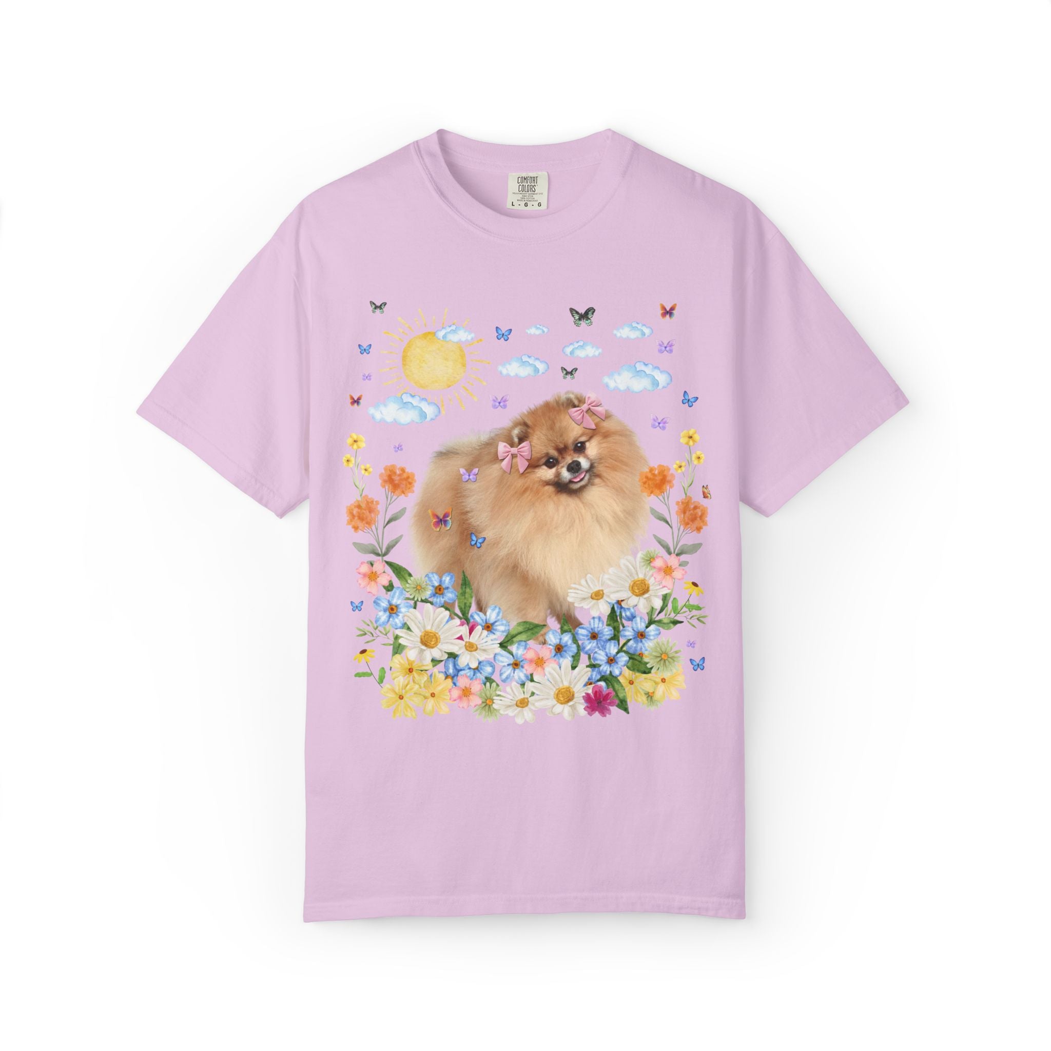 Funny Pomeranian Owner Dog Lover Gift with Flowers: Silly 90s Aesthetic Dog Parent T-Shirt with Butterflies, Nostalgic Puppy Lover Tee