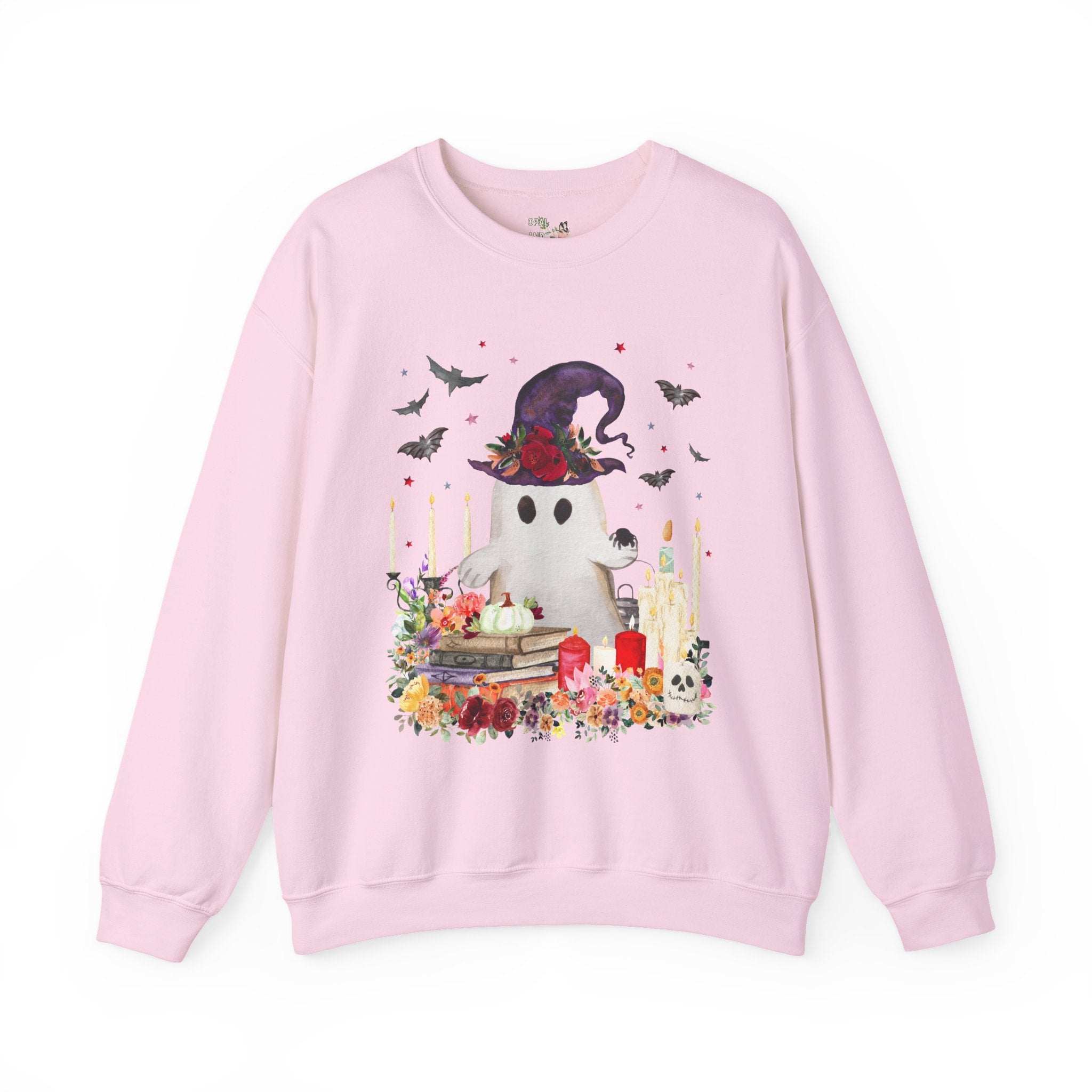 Ghost Sweatshirt for Halloween: Ghost with Flowers and Books | Cute Halloween Sweatshirt, Boho Halloween, Spooky Sweatshirt with Bats